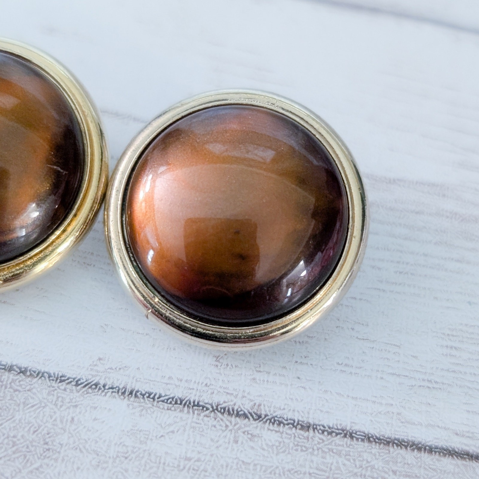 Vintage Clip On Earrings Large Shiny Brown with Gold Tone Halo 1 & 1/8″