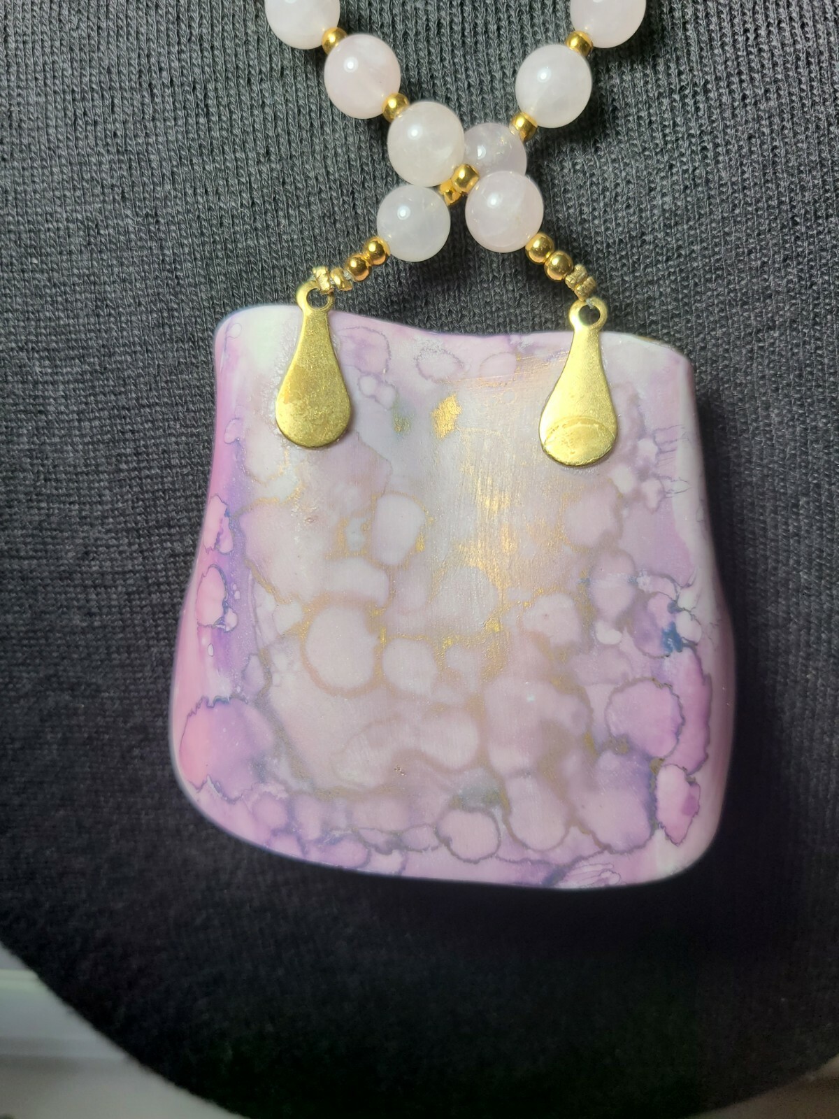 Vintage Costume Faux Agate Stone Pendant Beaded Necklace Purple Pink (K8)