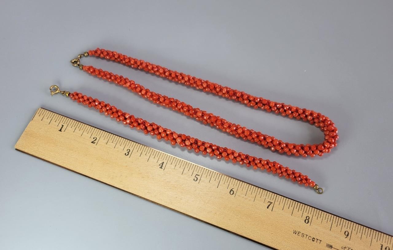 Vintage Necklace + Bracelet Set Braided Red Mediterranean Coral Beads