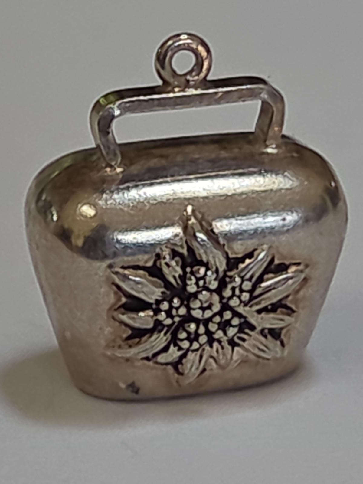 Sterling Silver ~ Edelweiss Cow Bell Charm ~ RINGS! ~ Swiss Pendant ~ VINTAGE