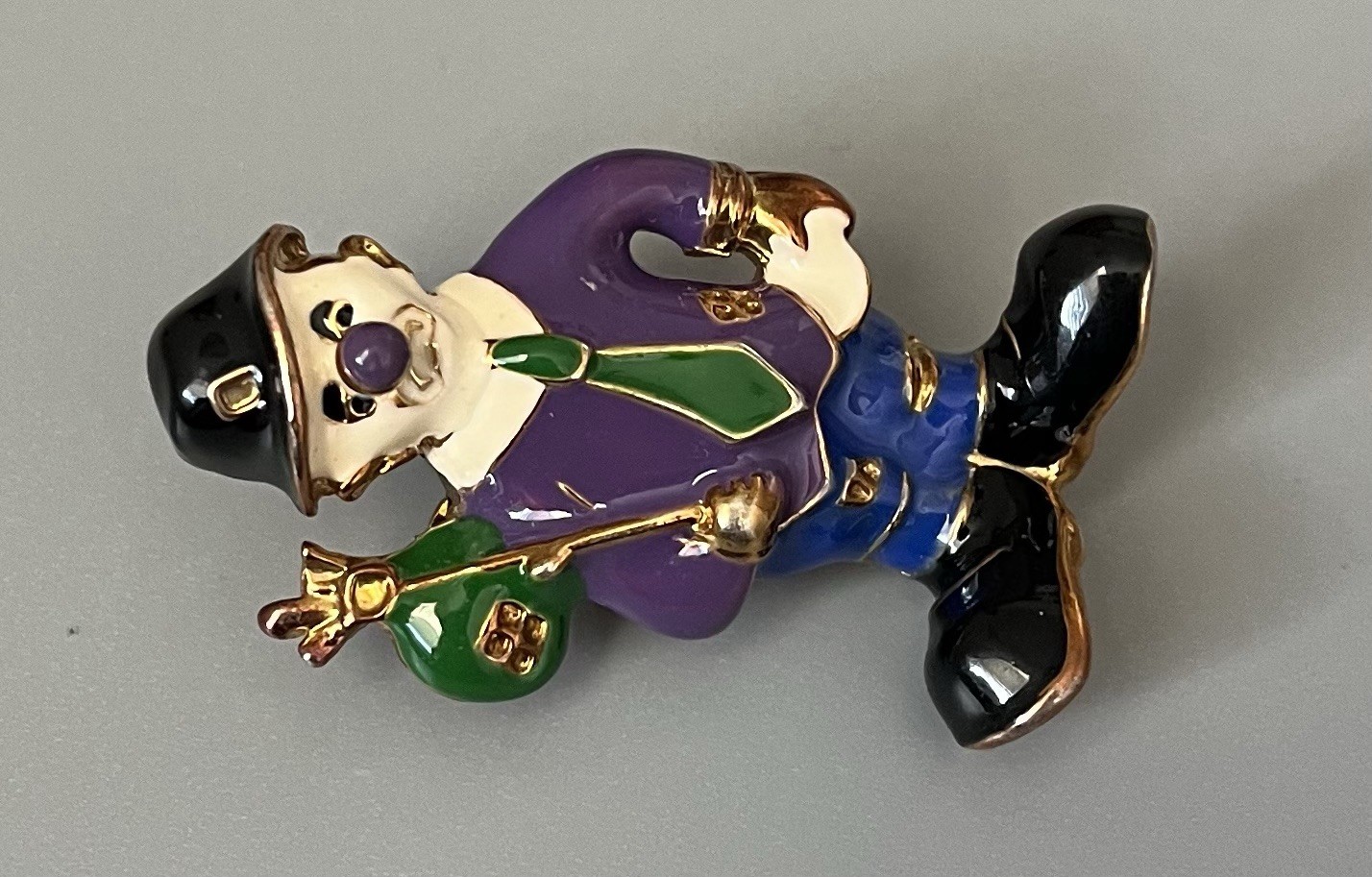 VTG Hobo Clown Brooch Gold Tone Metal Purple-Green-Blue-Black-White 2” Sad Face