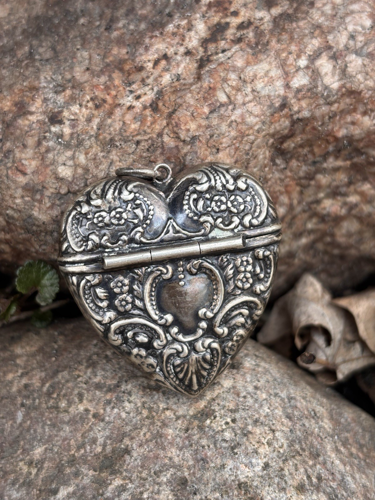 Sterling Silver Heart Repousse Victorian style Large box vintage Pendant 1900s