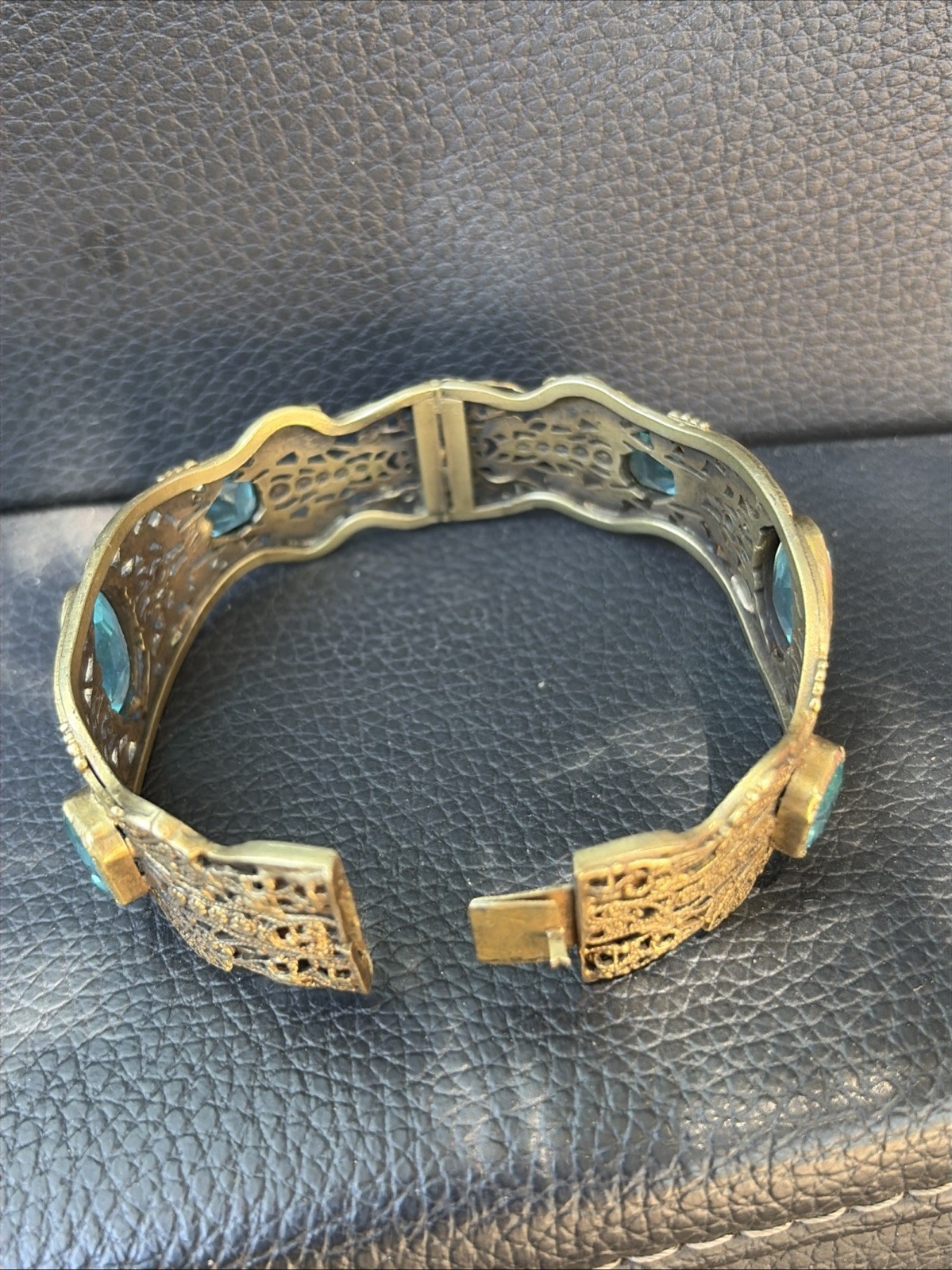 Vintage Brass Cuff Bracelet Blue Stones and Fine Filigree Design