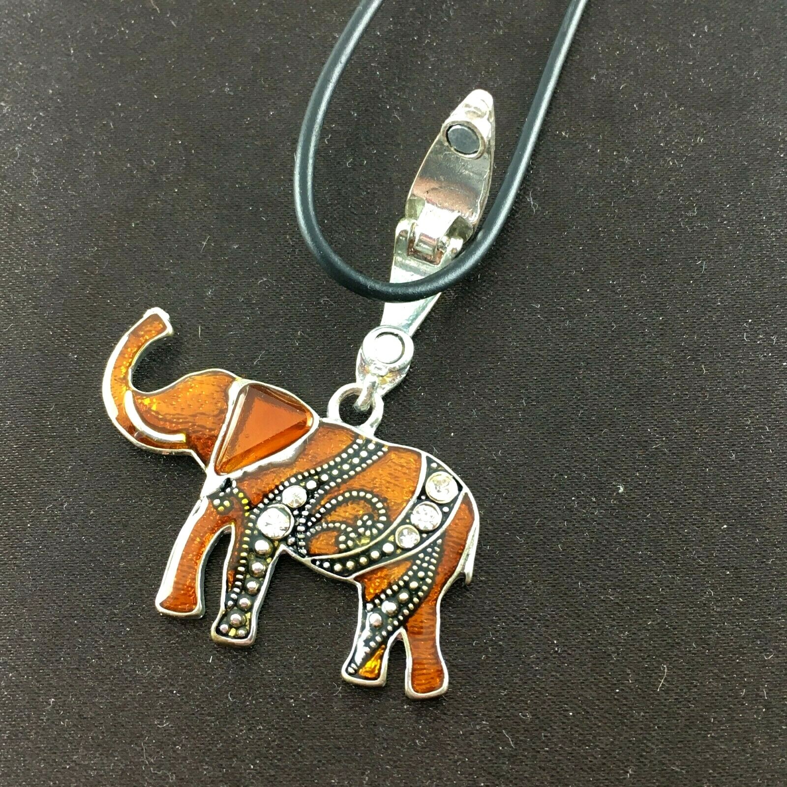 Elephant Enamel Silvertone Rhinestones Lobster Clasp Slide Black Cord Necklace