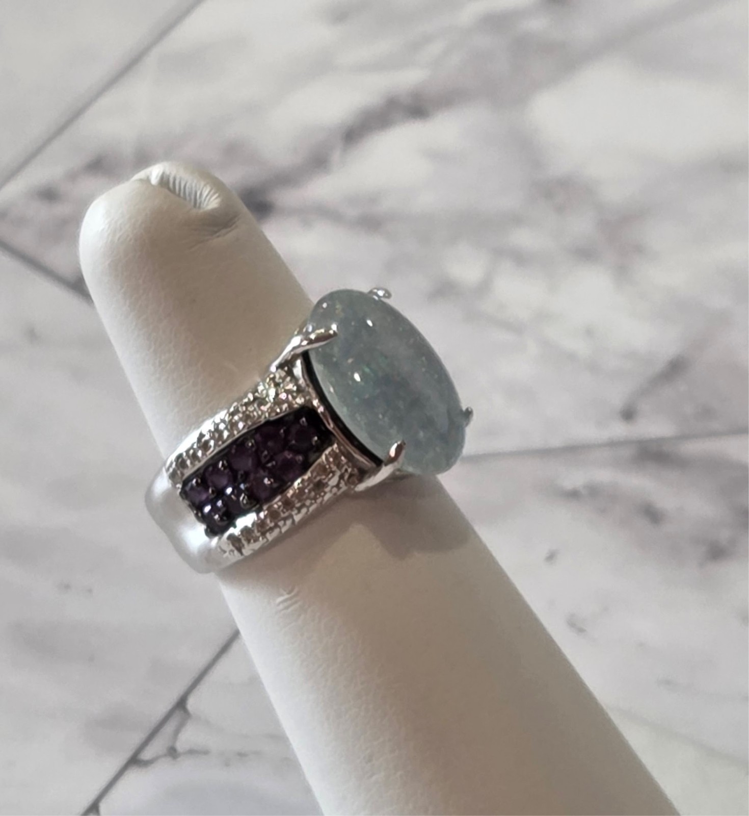 VINTAGE 925 Silver signed JZ Oval Aquamarine & Amethyst Accent Ring sz 5