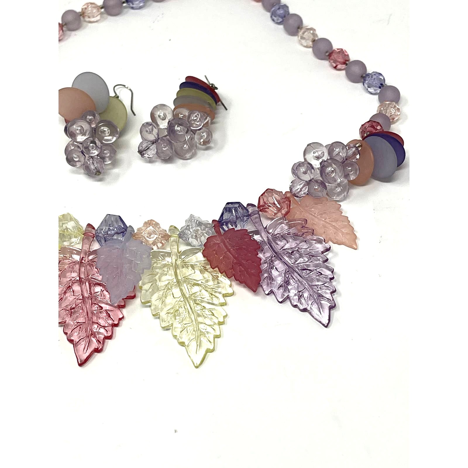 1980s Vintage Acrylic Crystal Colorful Leaf & Fruit Necklace & Earrings Suite