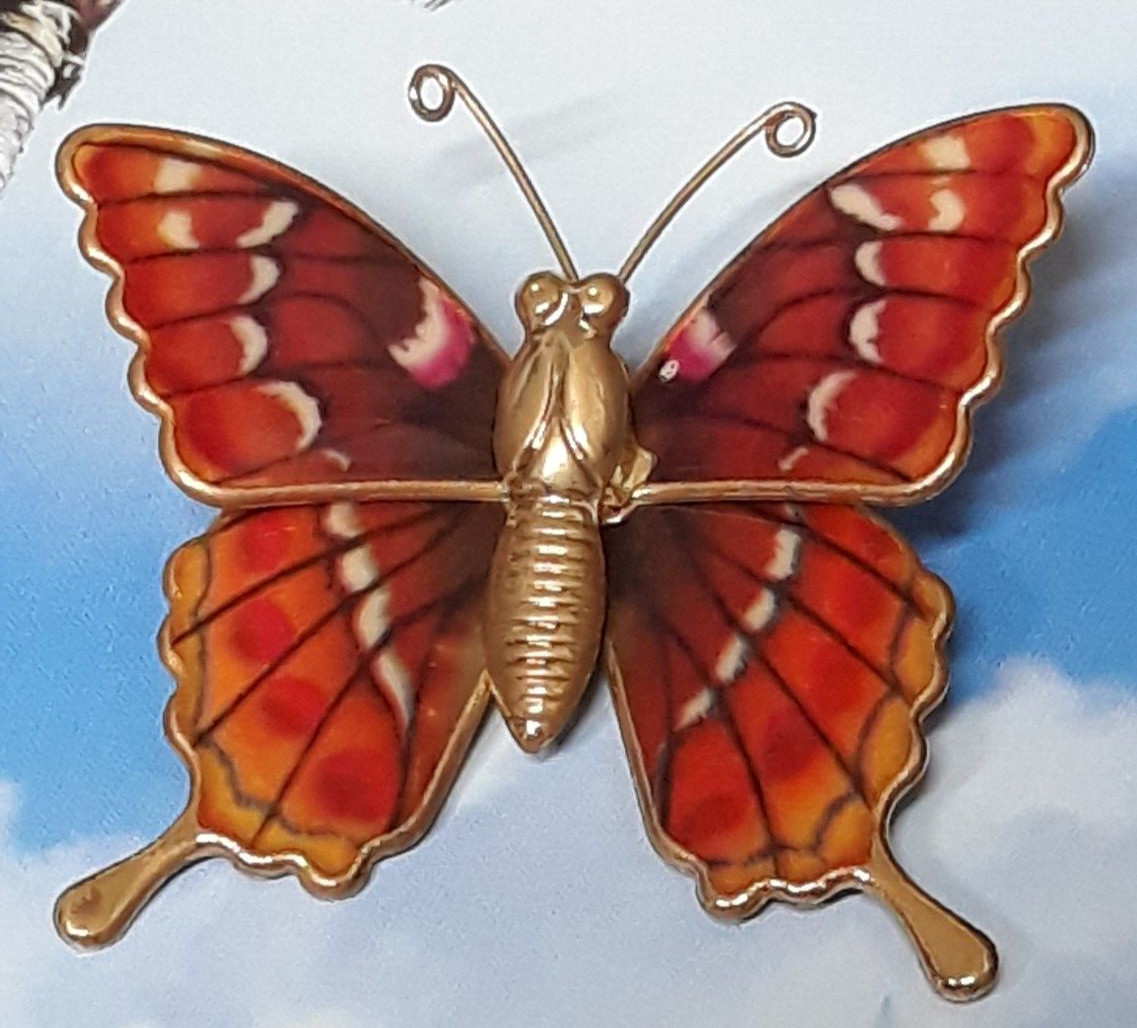 Vintage Brooch Butterfly of Red Orange and Cream Resin on Gold Tone Setting