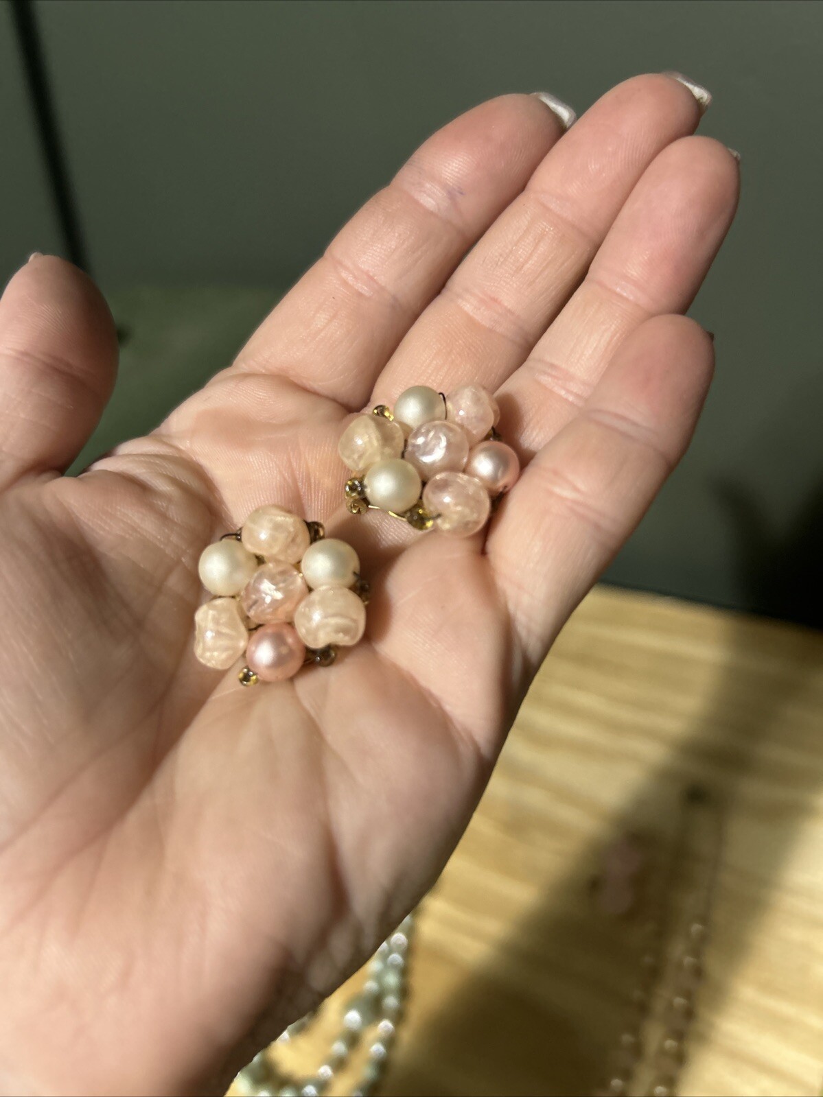 Vintage Blue And Pink Beaded Necklace Sets With Clip Earrings