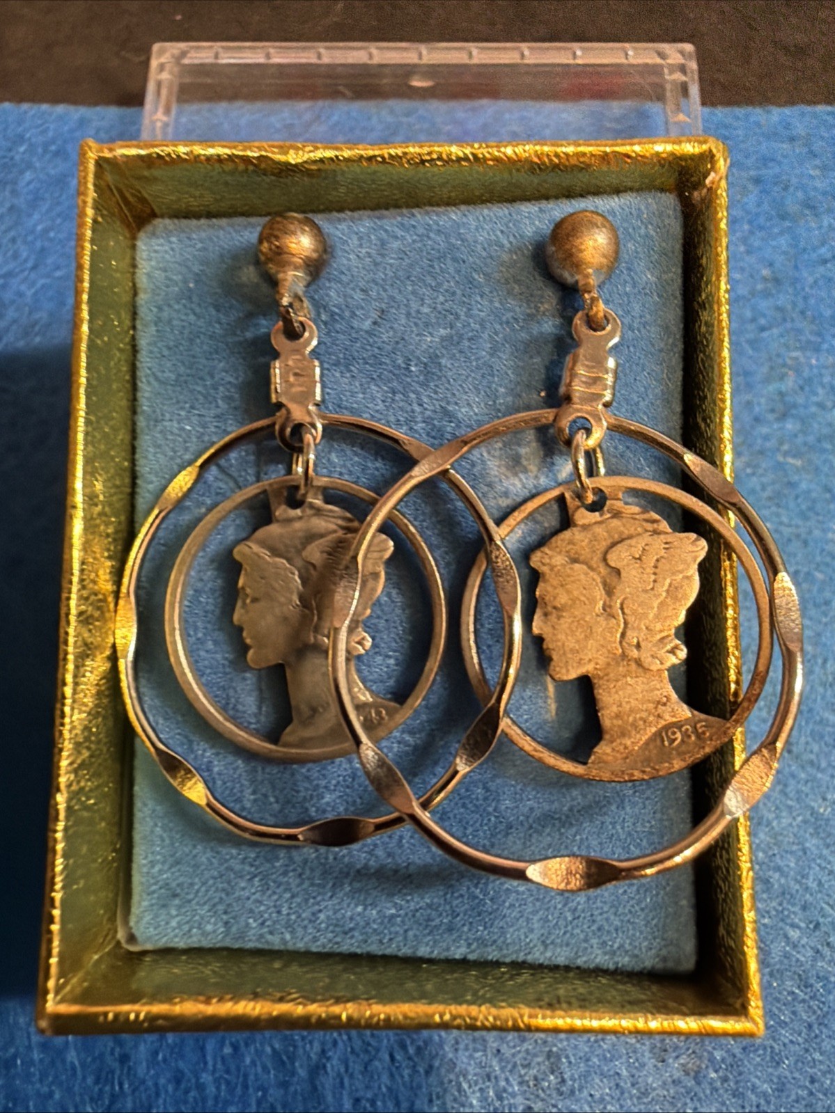 Estate Vintage Silver Pierced Double Hoop Mercury Dime cut out earrings 1935@43