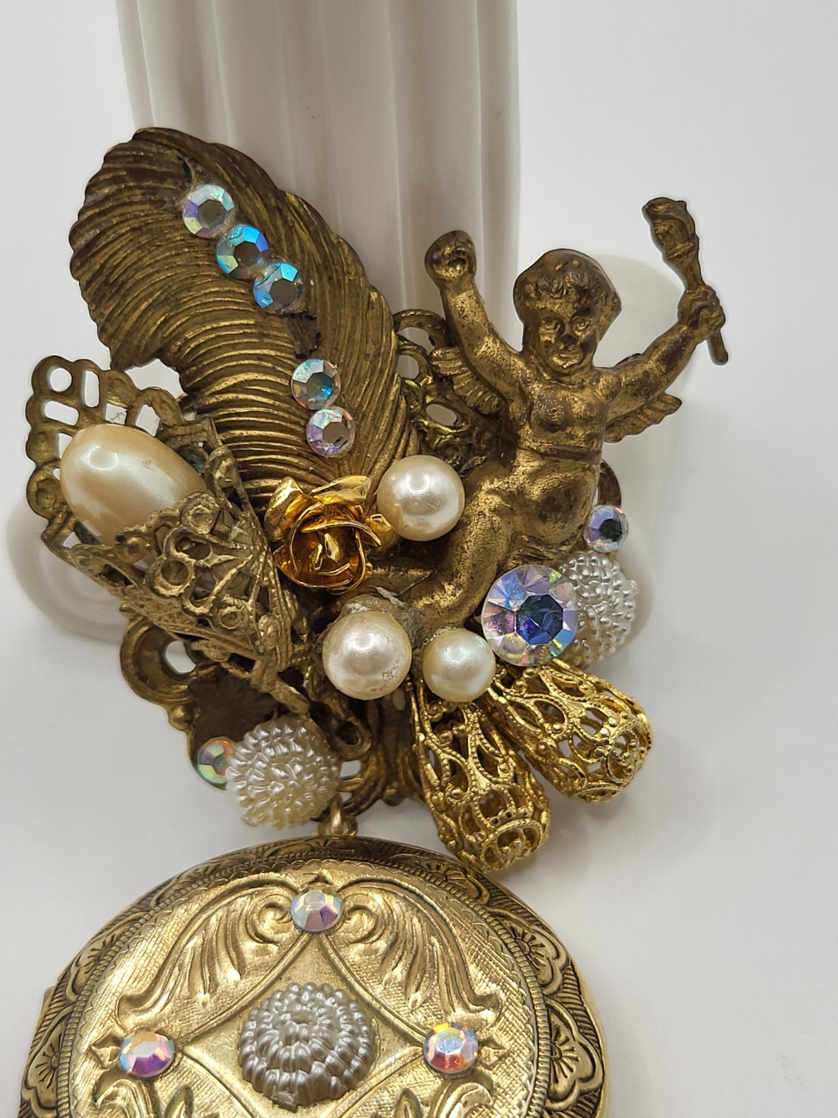 Victorian Revival Gold Tone Ornate Angel Brooch Locket AB Crystals Faux Pearls