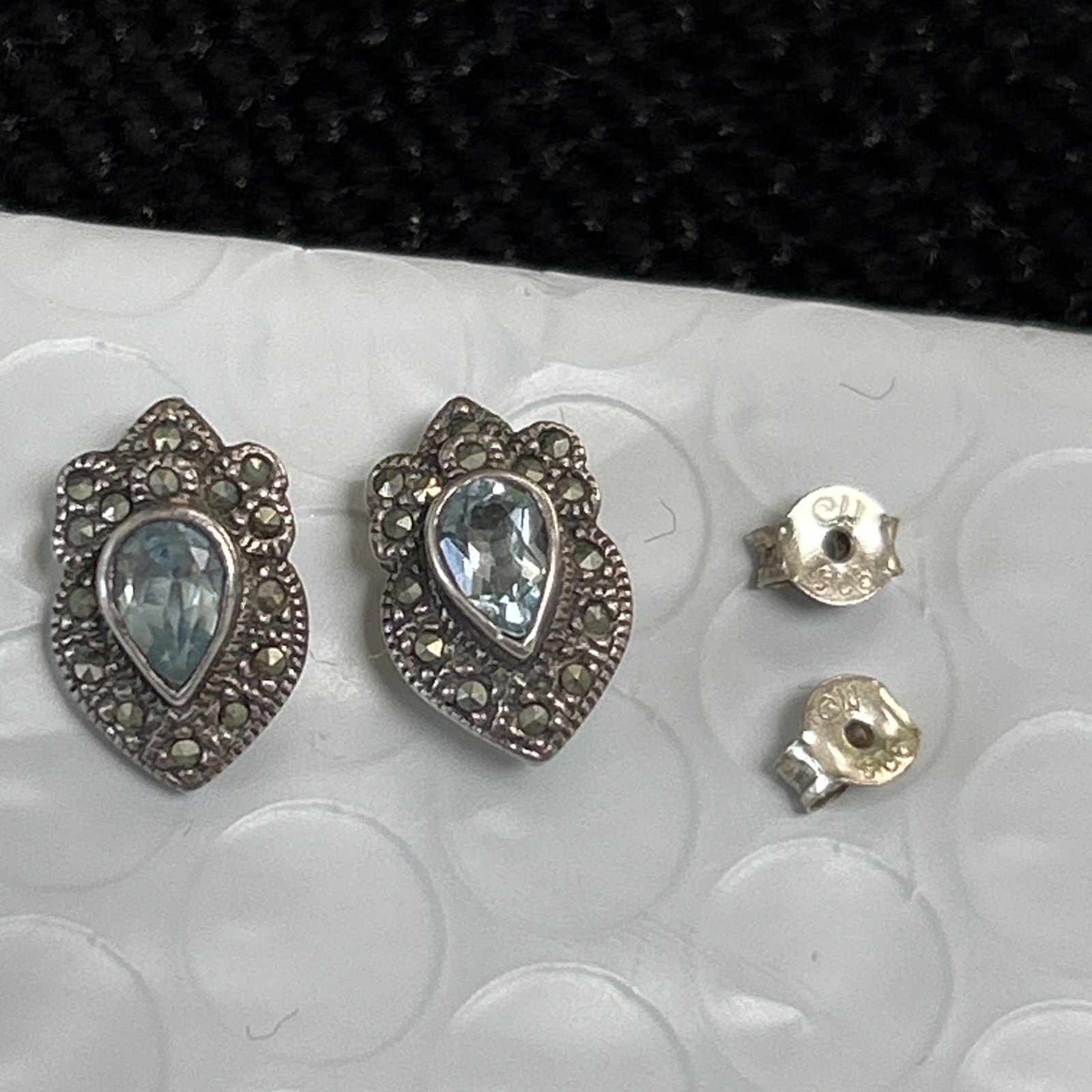 VTG CW Sterling Silver Marcasite Blue Topaz Stud Earrings 1/2” 3g