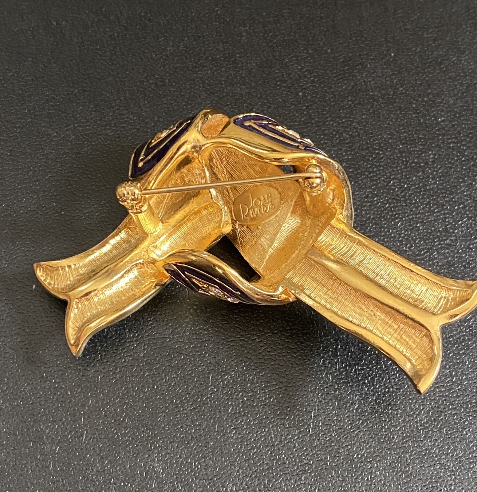 Joan Rivers Ribbon Pin Gold Blue Crystal Brooch
