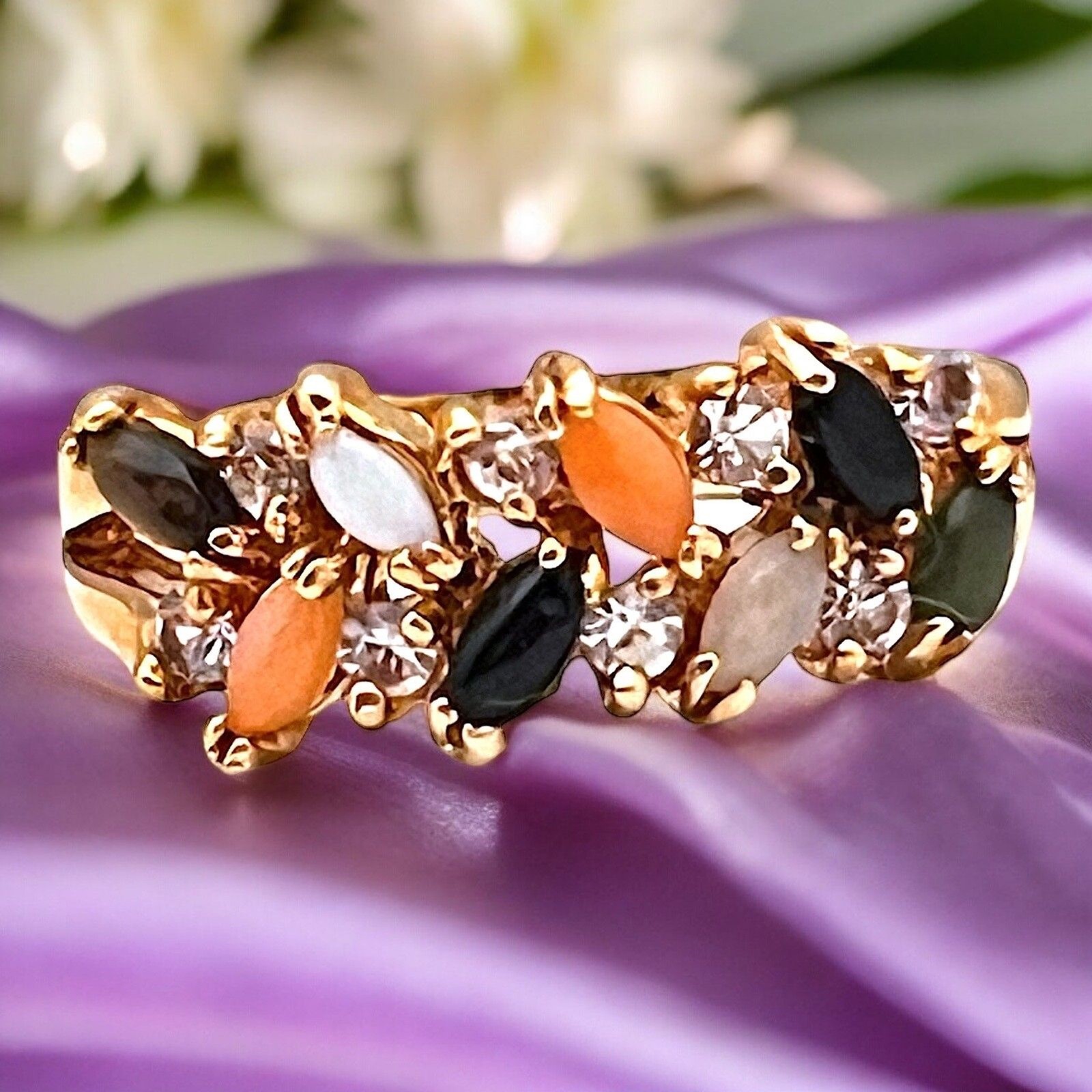 Vintage 1970s Ring Size 5 Opal Onyx Jade Tiger Eye Coral Band Gold Plate – 14M