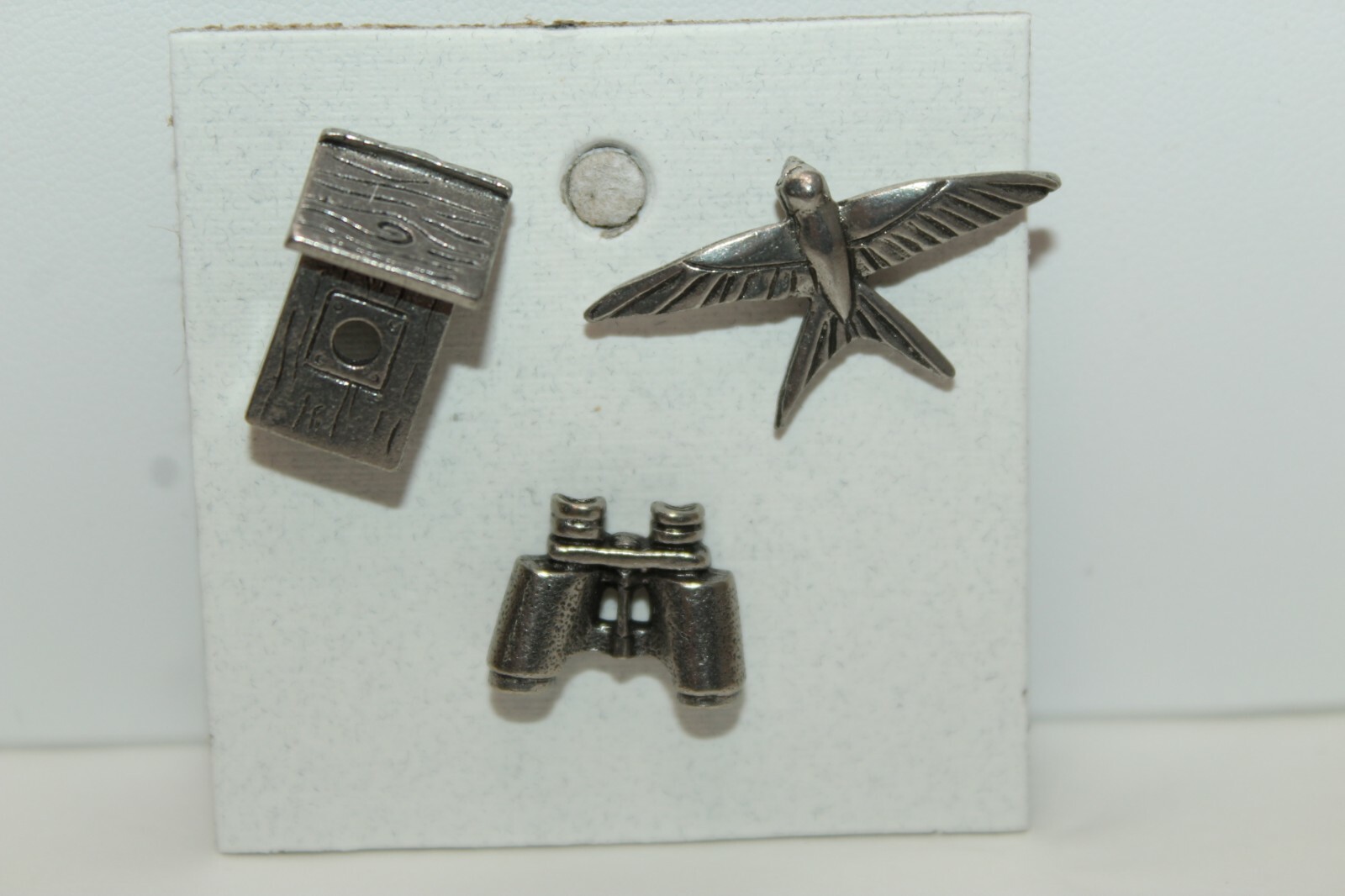 JIM CLIFT Pewter 3 Piece Birdwatching Lapel Pin Set Bird Birdhouse Binoculars