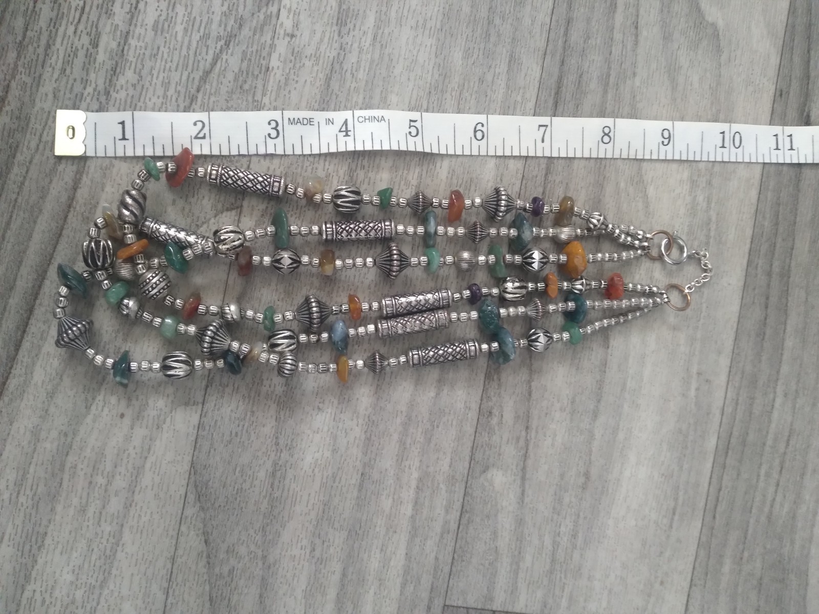 Vintage Silver Stone Necklace Beaded 3 Strand 18 inches