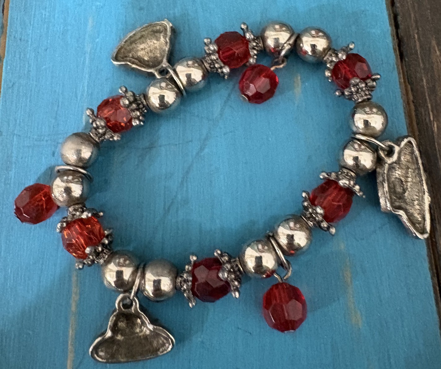 Vintage Red Hat Society Stretch Red and Silver Beaded Charm Bracelet