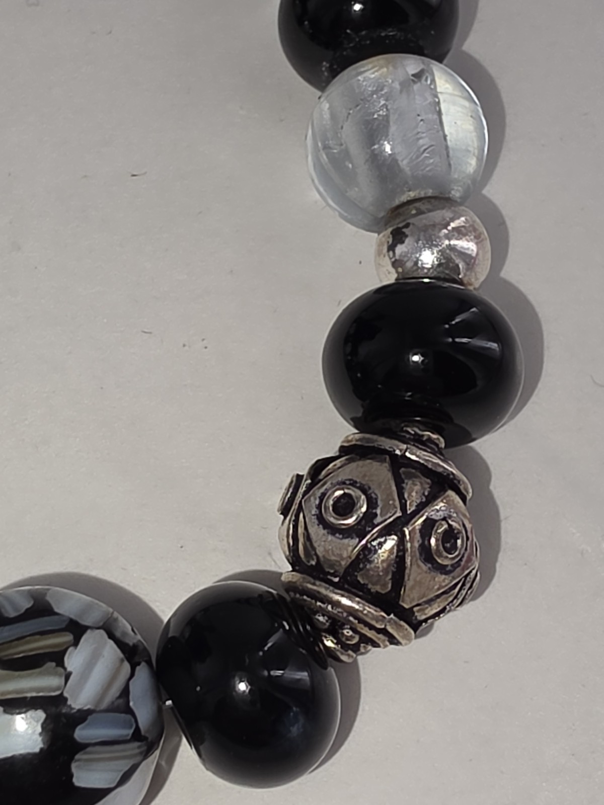 VTG Sterling Black Clear Glass Bead Necklace 60.97g