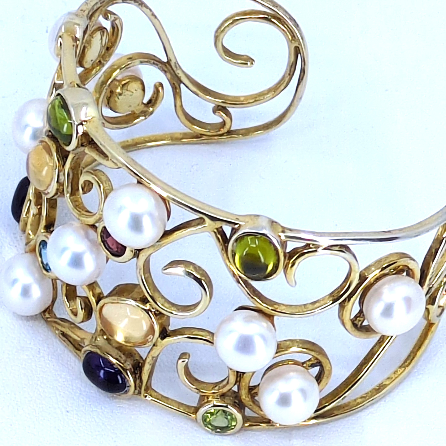 Gold Wash 925 Sterling Silver Multi-Gemstone & Mabe Pearl Filigree Cuff Bracelet