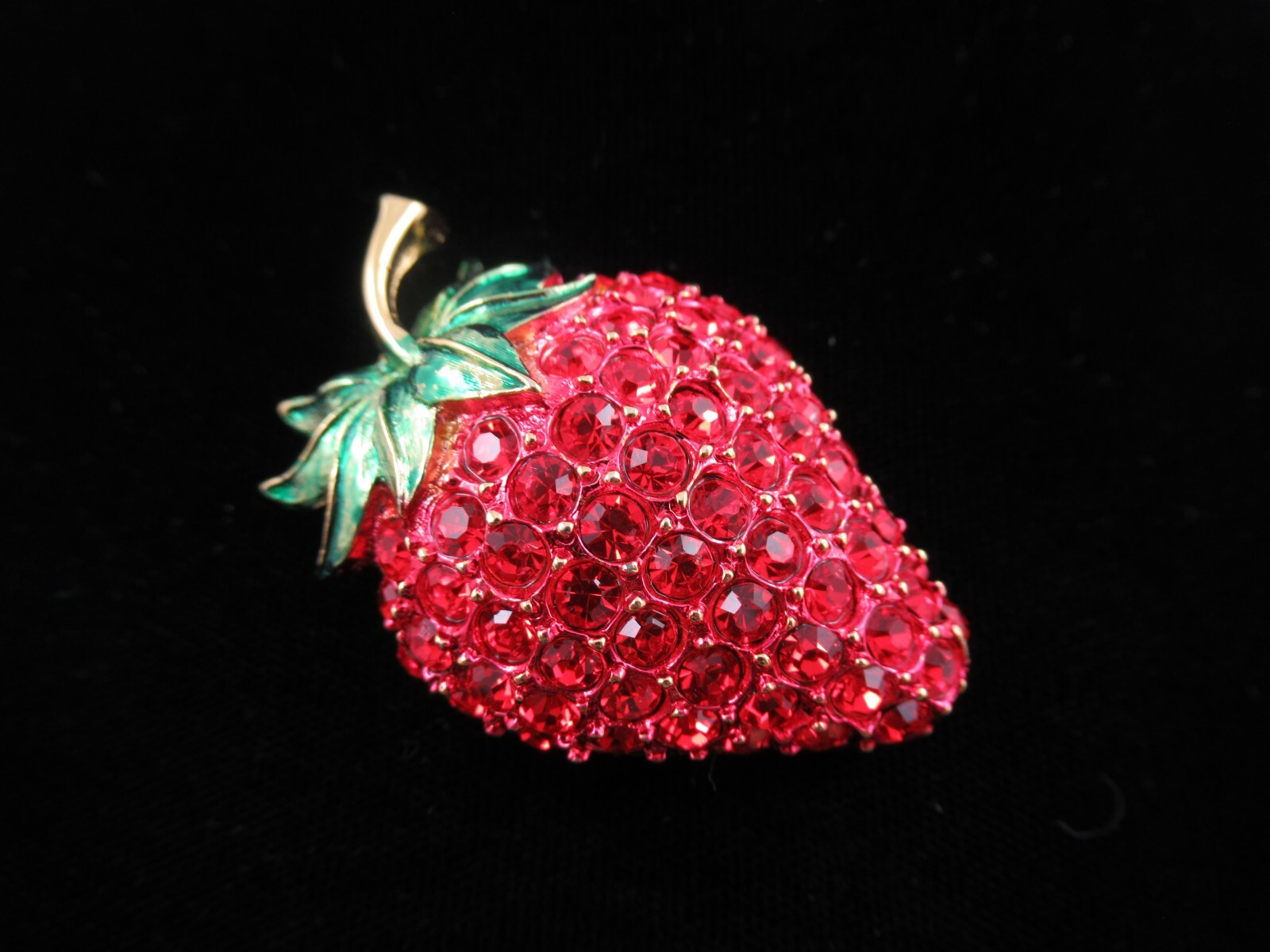 Signed Revere Red Crystal & Enamel Gold Tone Strawberry Brooch , Pin