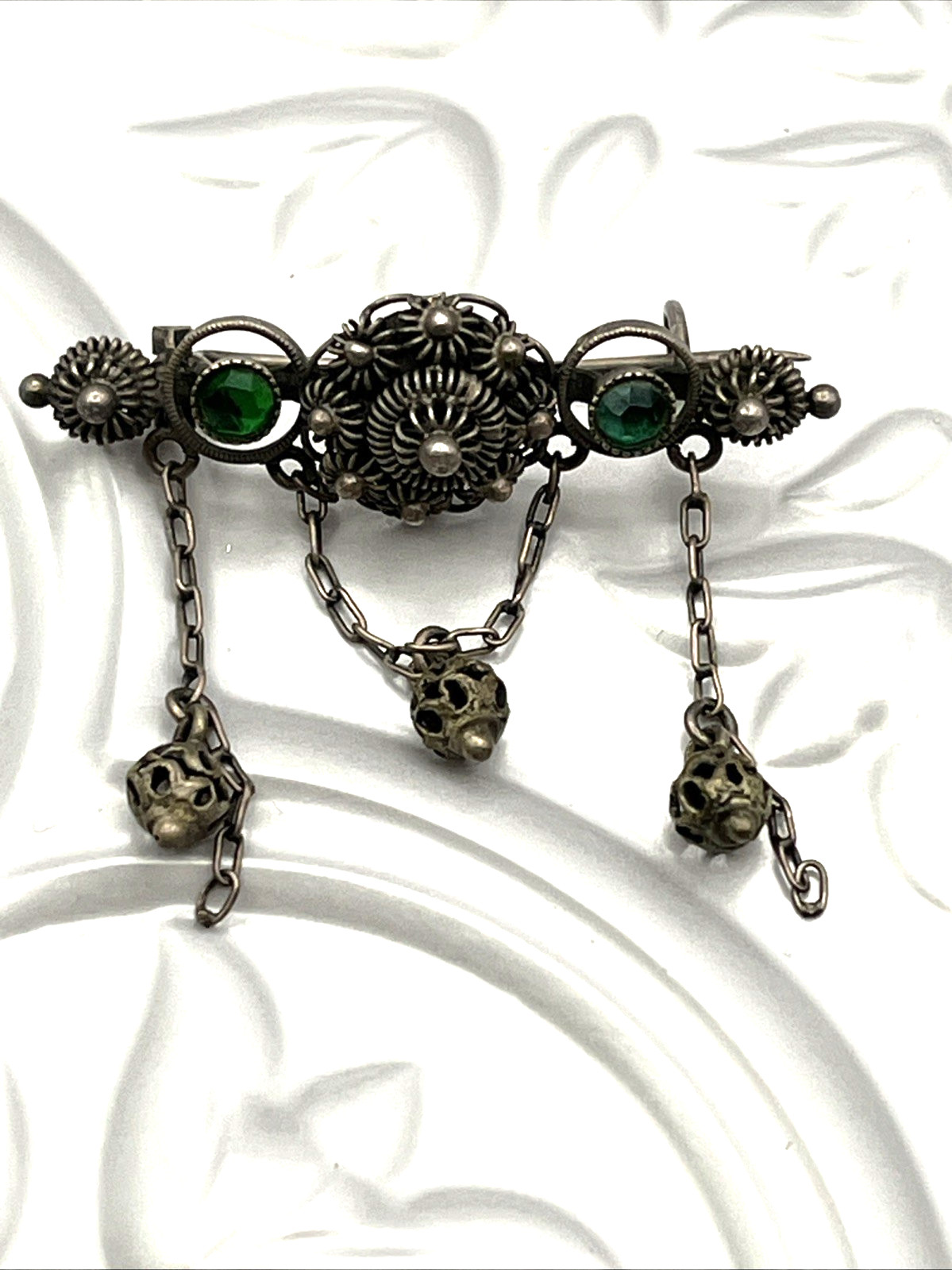 Antique 800 Silver Green Paste Cannetille Dangle Bar Pin 1.5″