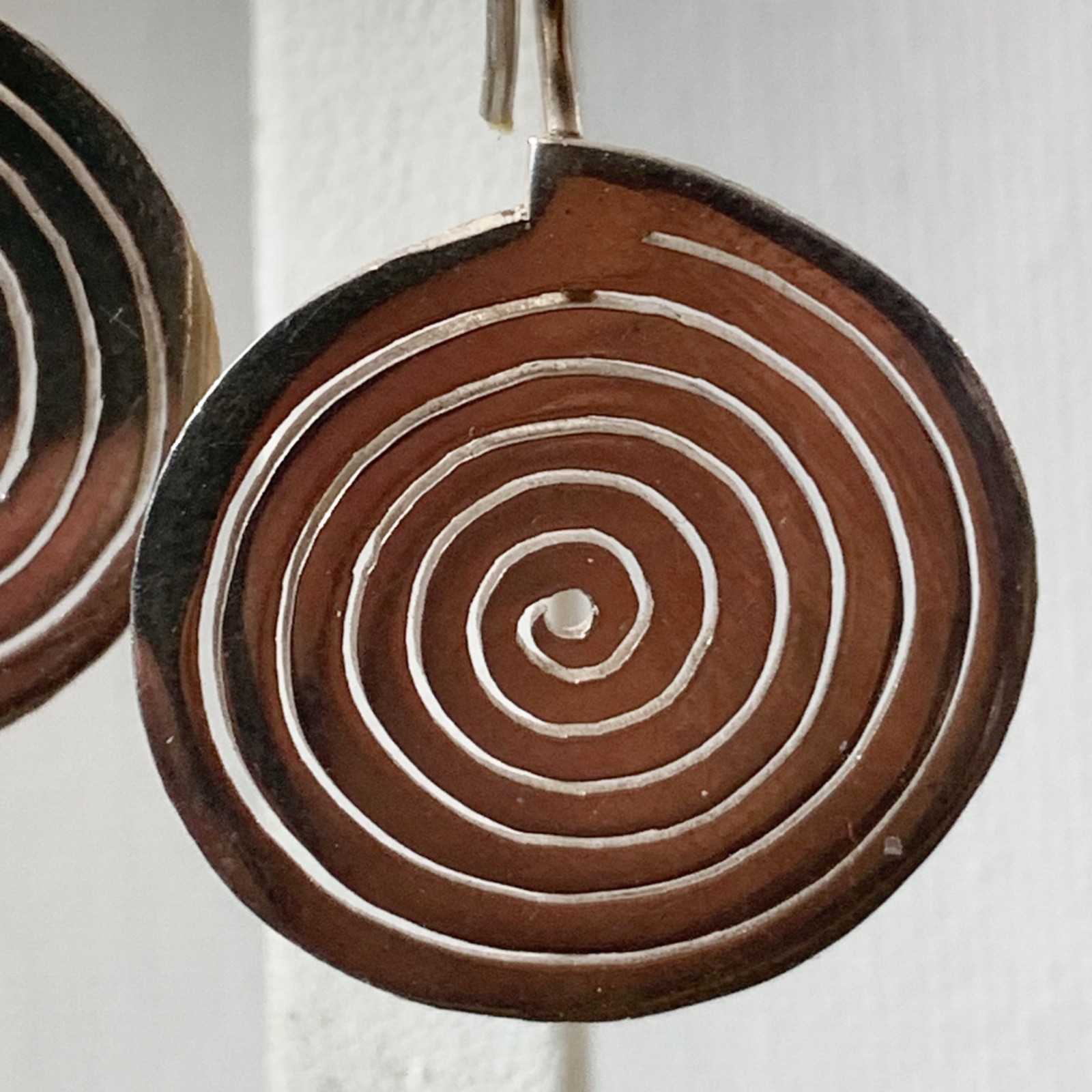 Vintage Circle Spiral Design Sterling Silver Dangle Earrings 925 Geometric 1.53″