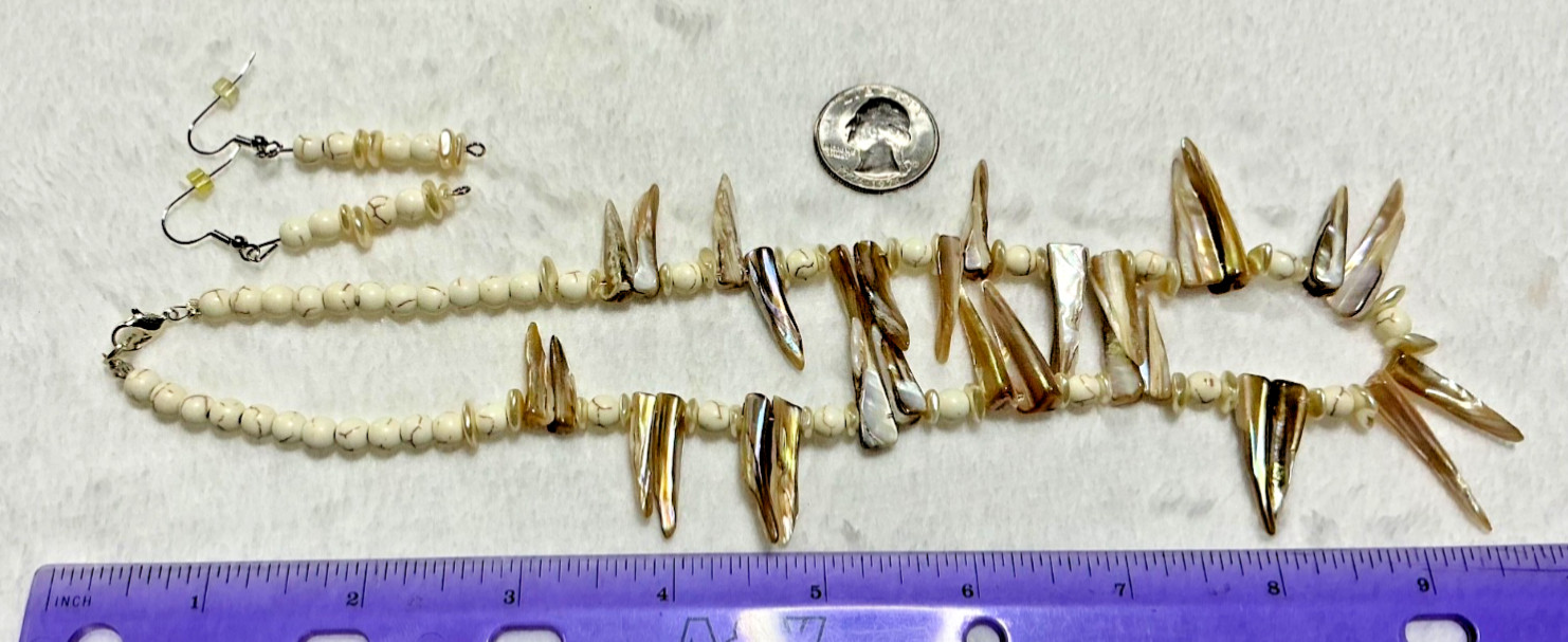 Vintage Handmade Abalone Shell Spikes Beaded Necklace Earring Set