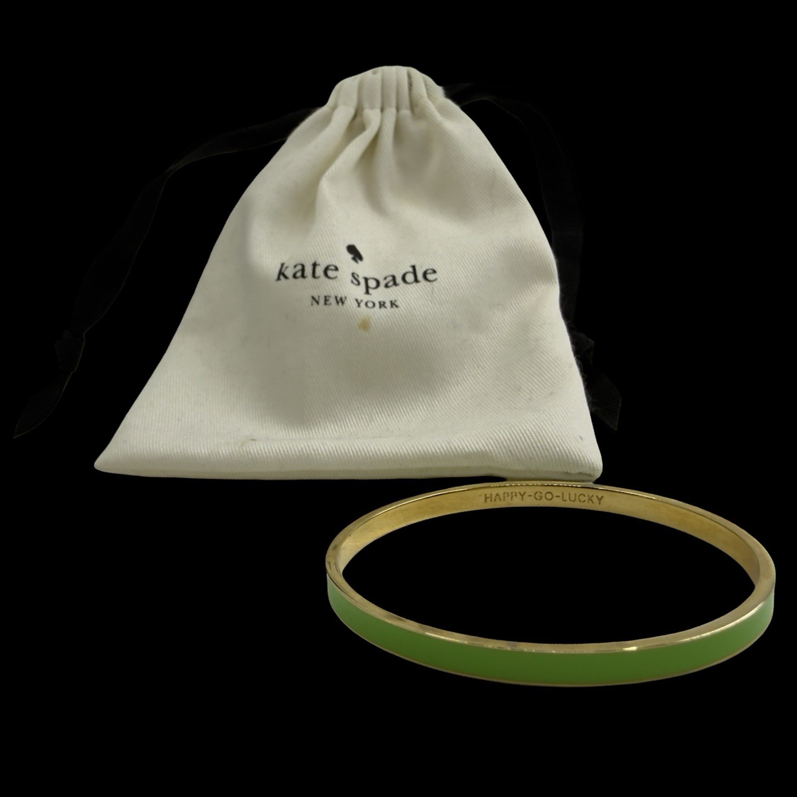 Vintage KATE SPADE Lime Green Enamel BANGLE Bracelet HAPPY-GO-LUCKY Gold Plated