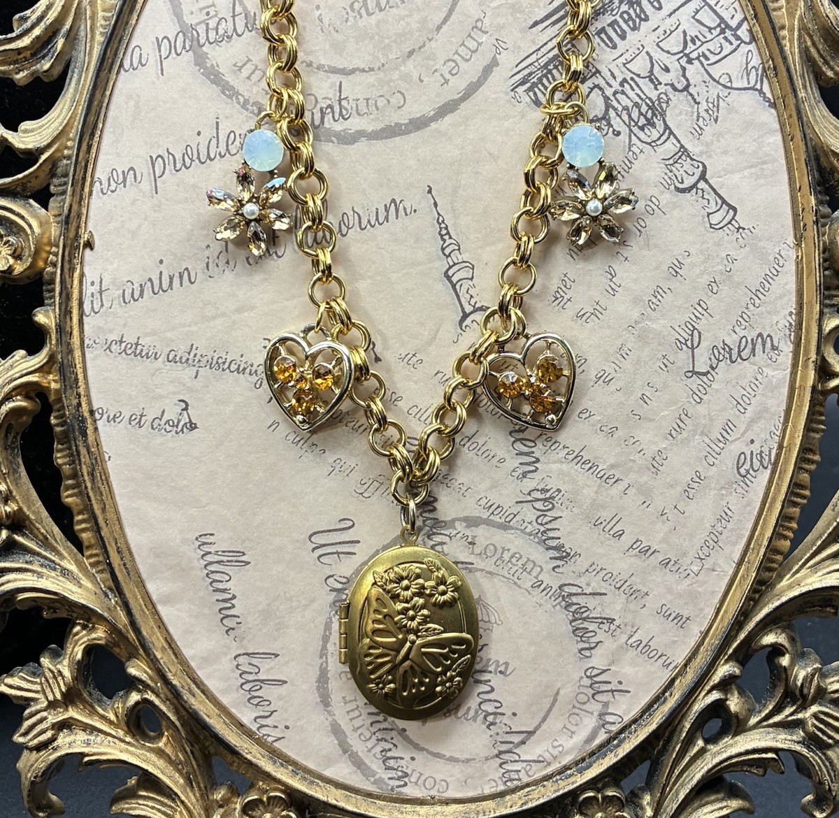 Charm Necklace OoaK, With Vintage Hearts, Flowers & Butterfly Locket, Adjustable