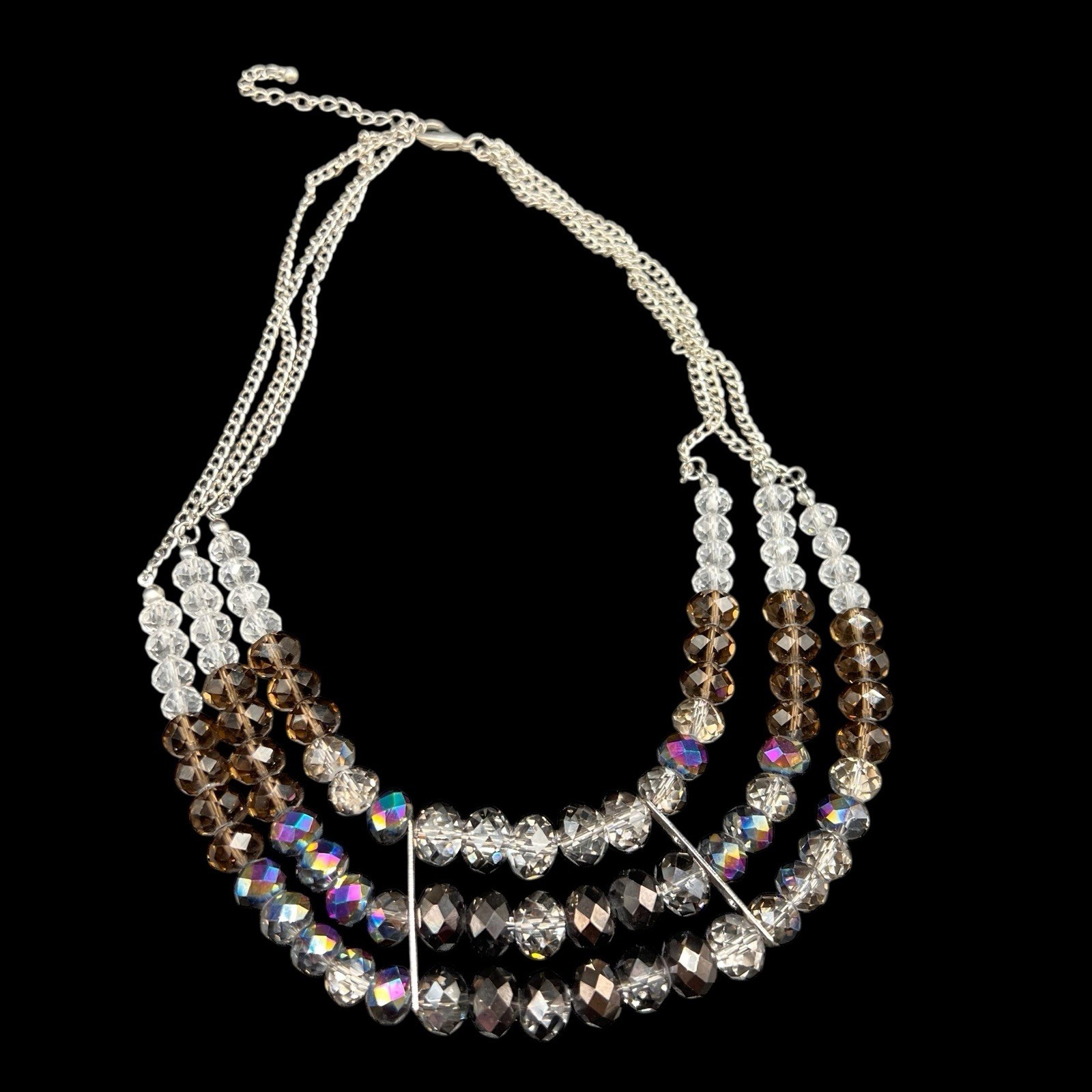 3 Strand Beaded Crystal Necklace Faceted AB Graduating Lustrous Brown Clear