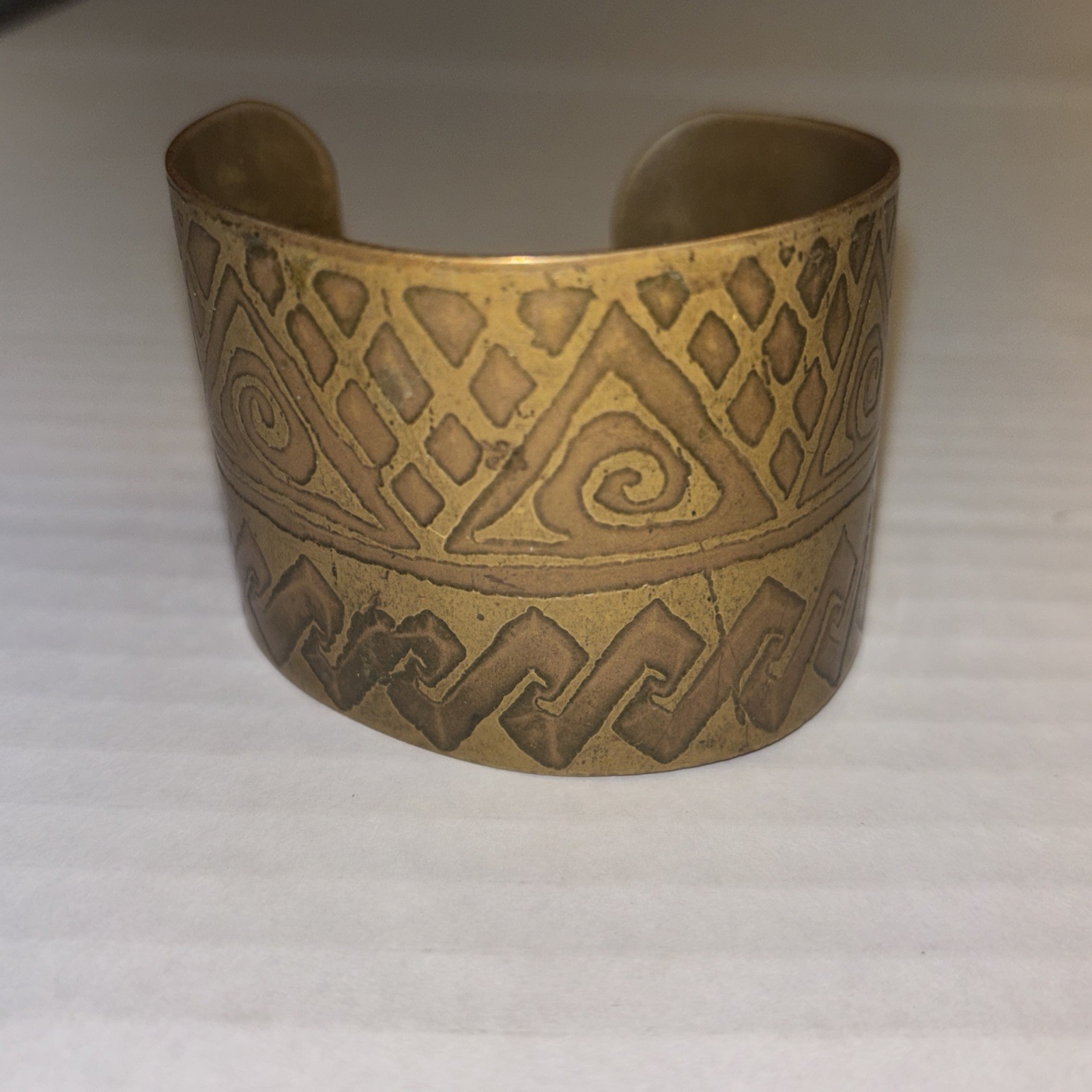Vintage Tribal Etched Brass Brutalist Wide Cuff Bracelet Boho Statement Bangle