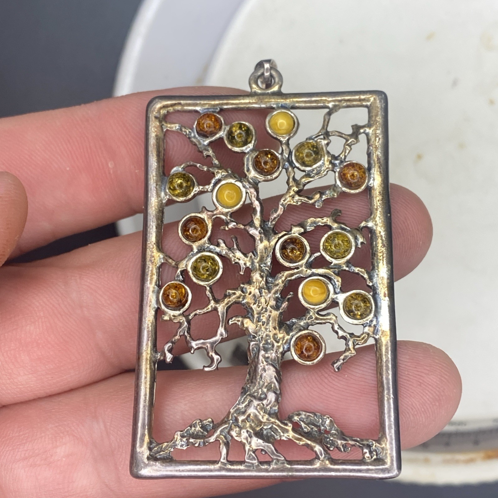 Large 2.5” 925 Sterling Silver Genuine Baltic Amber Tree of Life Pendant Vintage