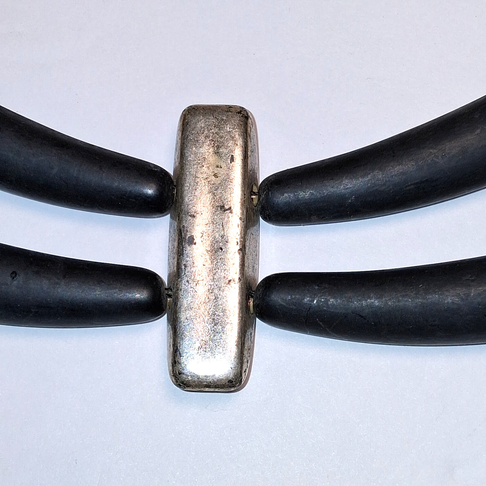 Vintage Les Bernard Double Strand Faux Horn Runway Necklace Black & Amber Resin
