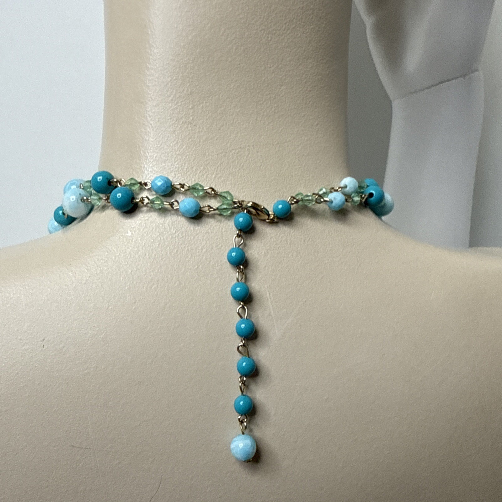 Vintage Blue Tones Bead Necklace Bangle Bracelet Pierced Stud Earrings Set of 3