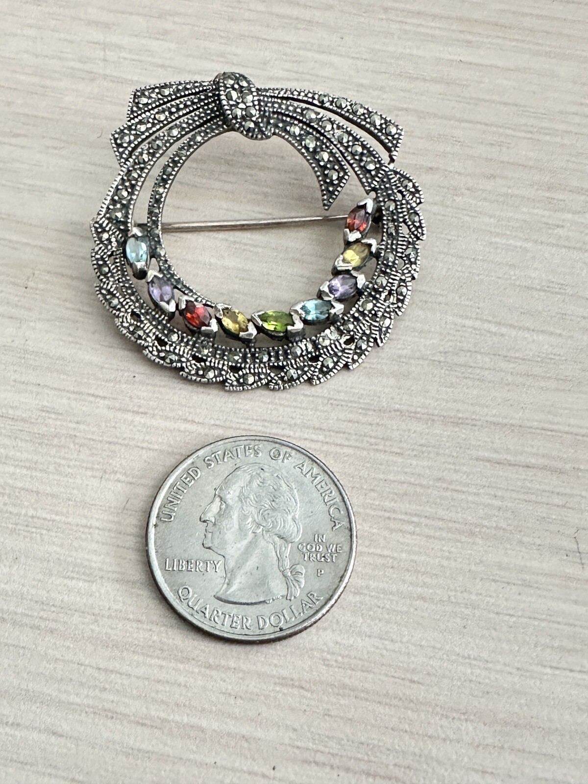 Sterling Silver Semi Precious Multicolor Stones and Marcasite Circle Bow Pin