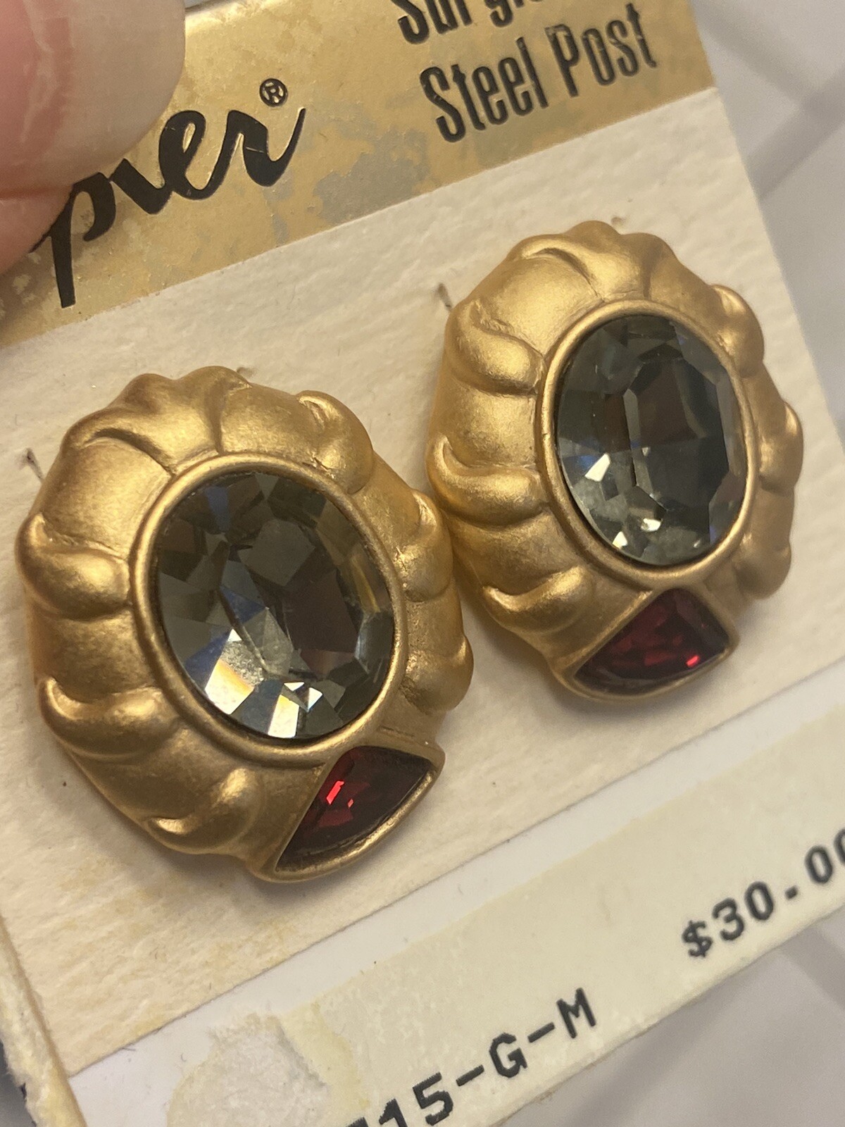 Vintage NAPIER Ruby Smokey Topaz Faceted Crystals Earrings Brushed Gold Art Deco