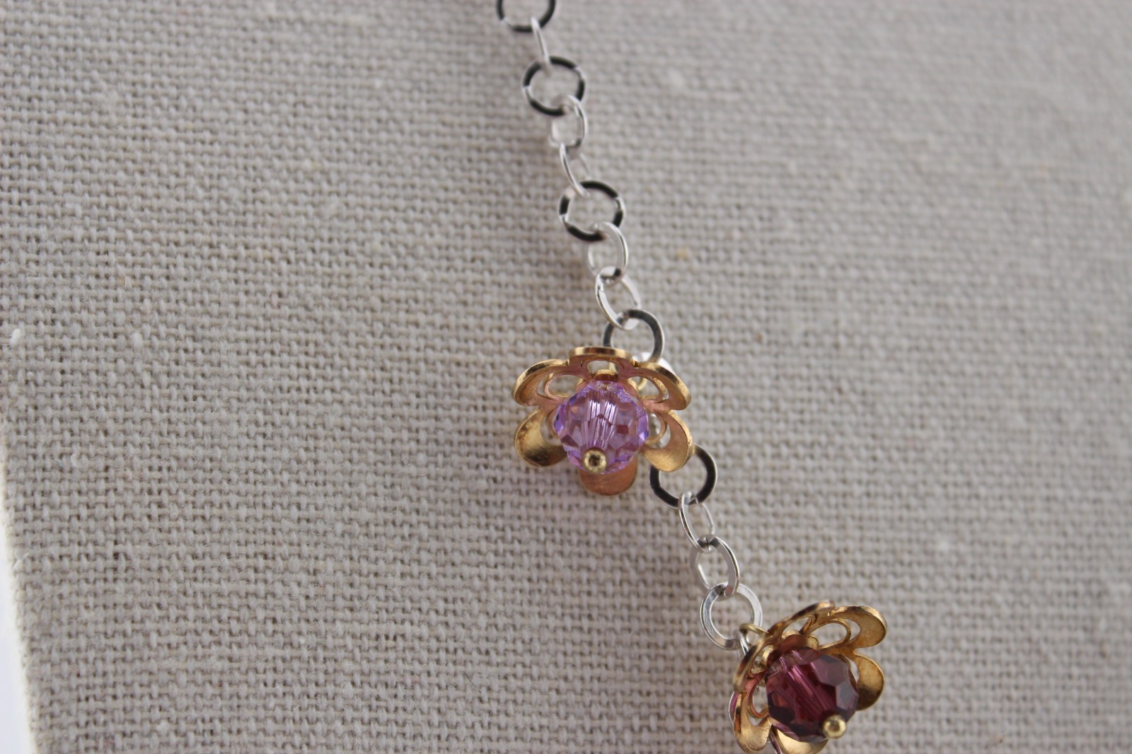 Sterling silver and gold over silver Y drop style necklace purple crystals 19″