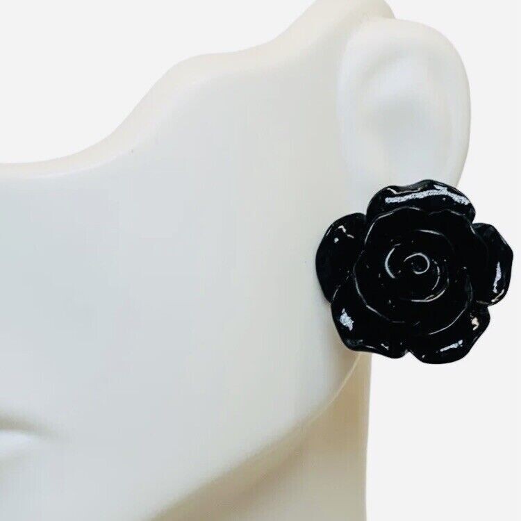 Black Rose Earrings Flower Button Stud 1″ Pierced Lucite Gothic Punk Indie