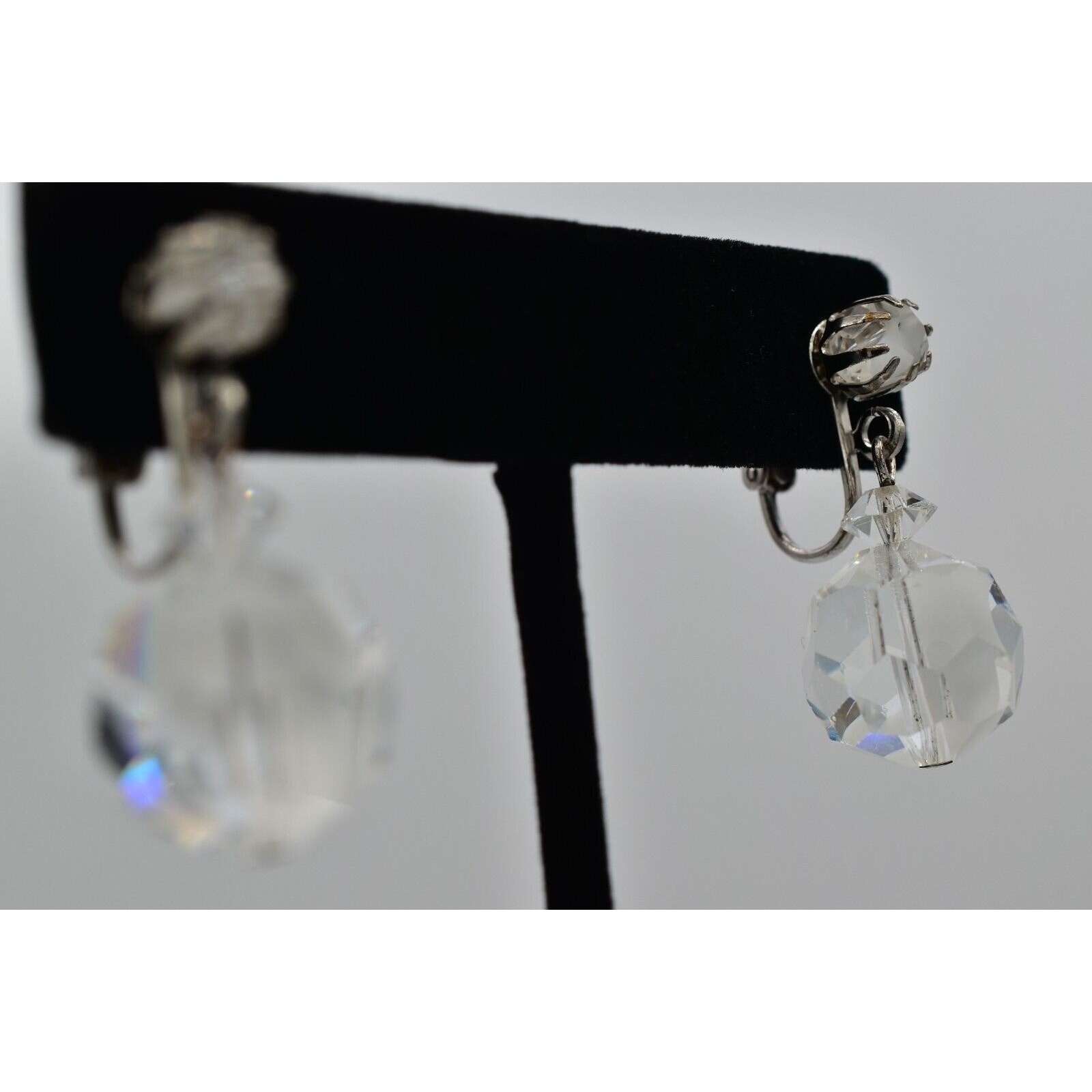 Vintage Crystal Clip On Earrings Silver Dangle Clear Ball Drop Glam 1950s A24