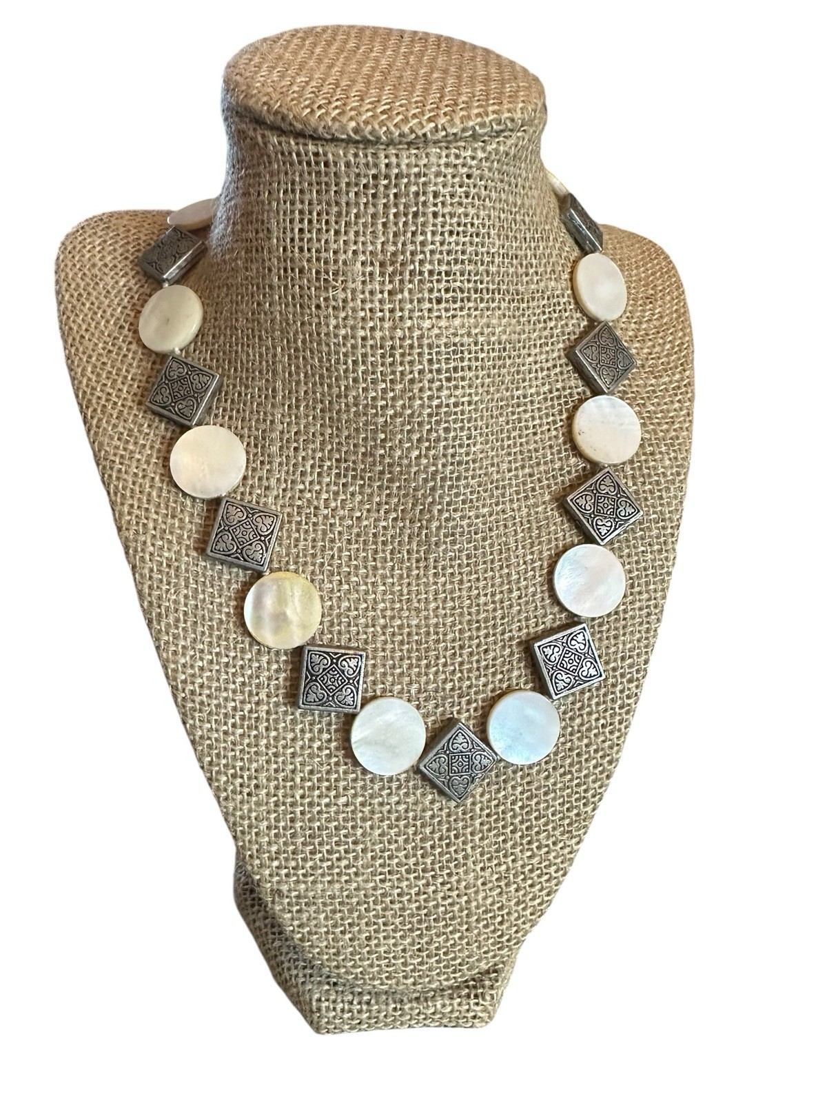 Vintage Mother of Pearl Beaded Disc Necklace With Metal Filigree Disk 18” Heavy
