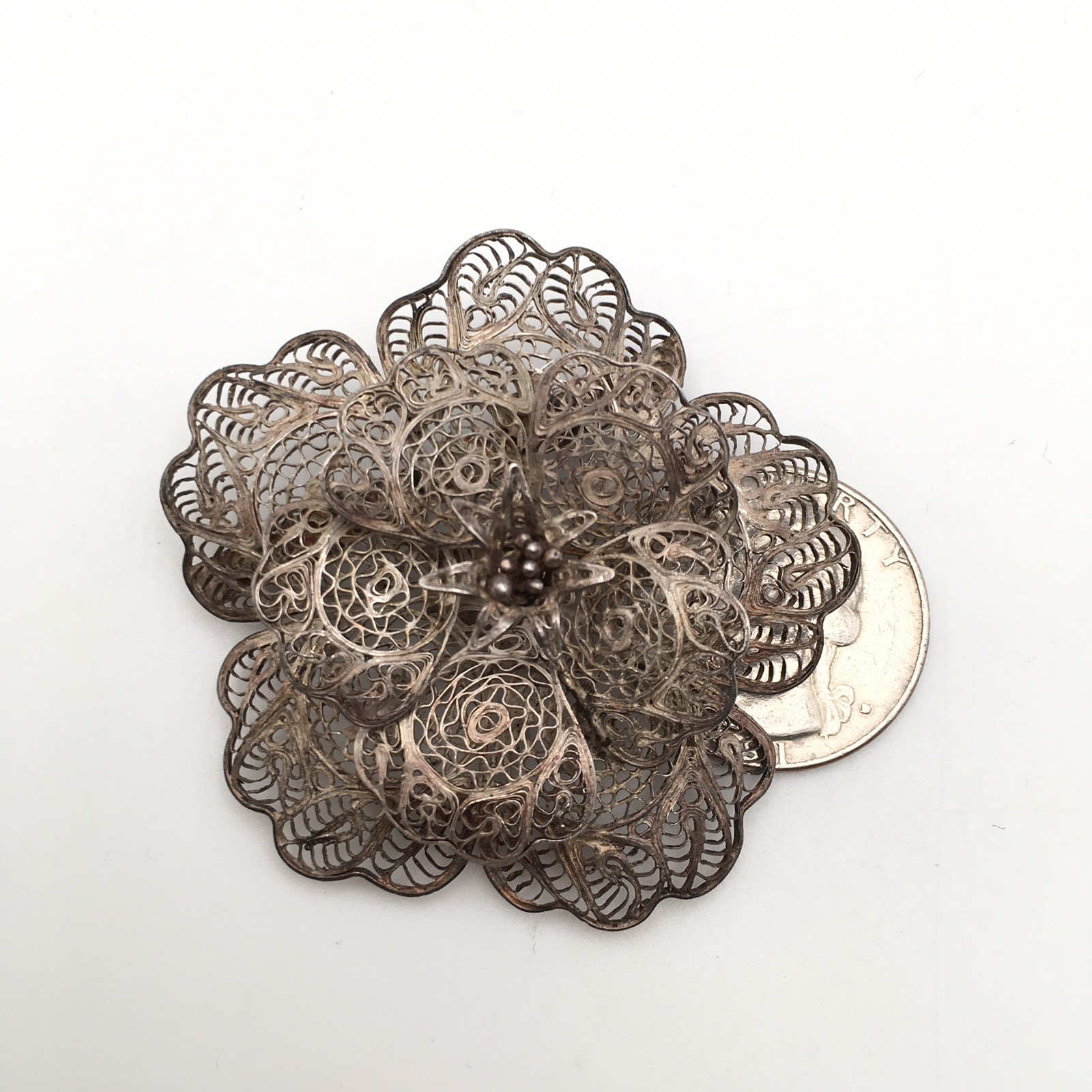 11.8g Vintage Sterling Silver Filigree Flower Pin Brooch Marked CMS Mex 925 #68