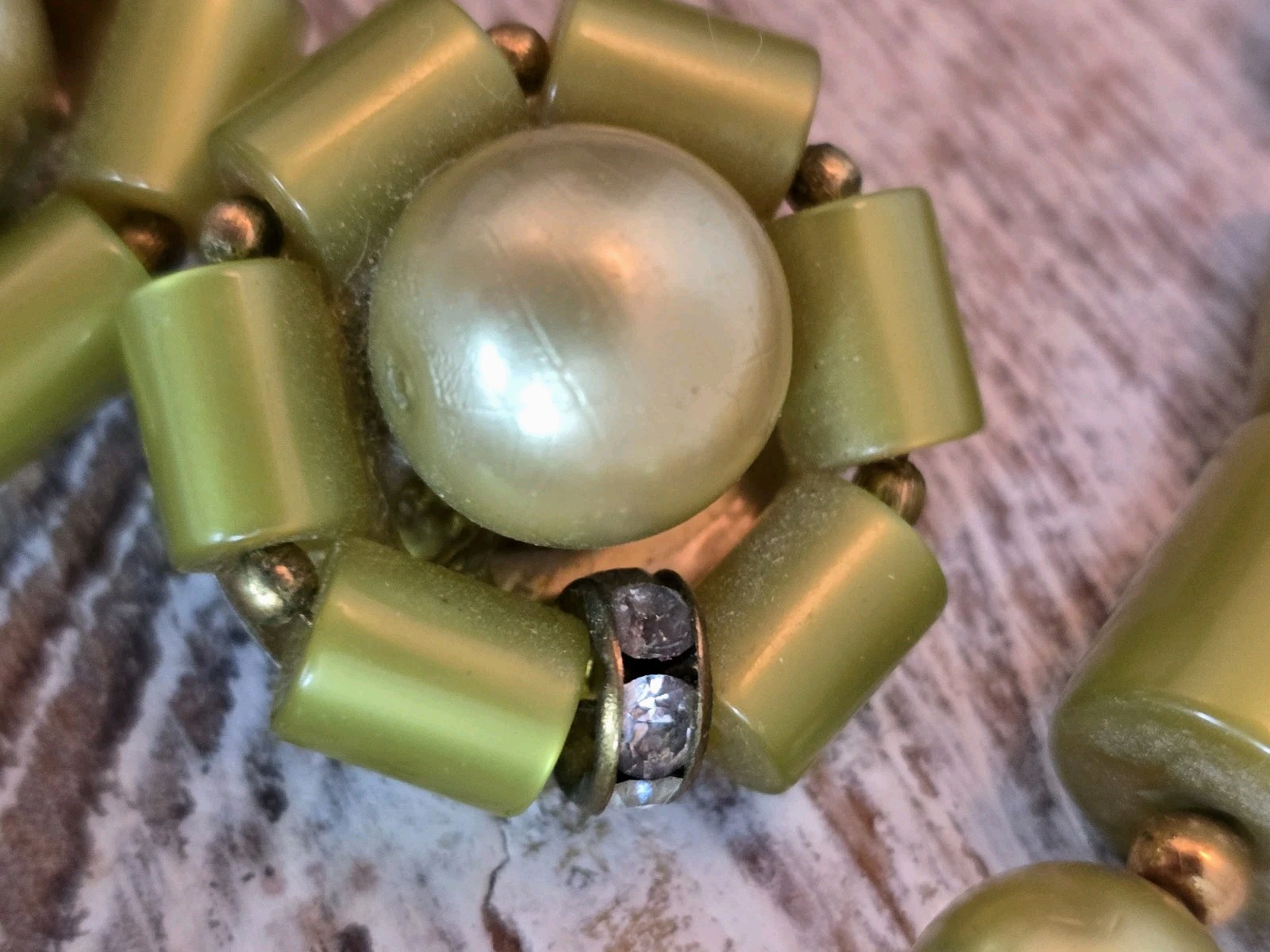 Vintage Lime Green Lucite Necklace Clip Earrings Set Rhinestone Spacer 16″ #450
