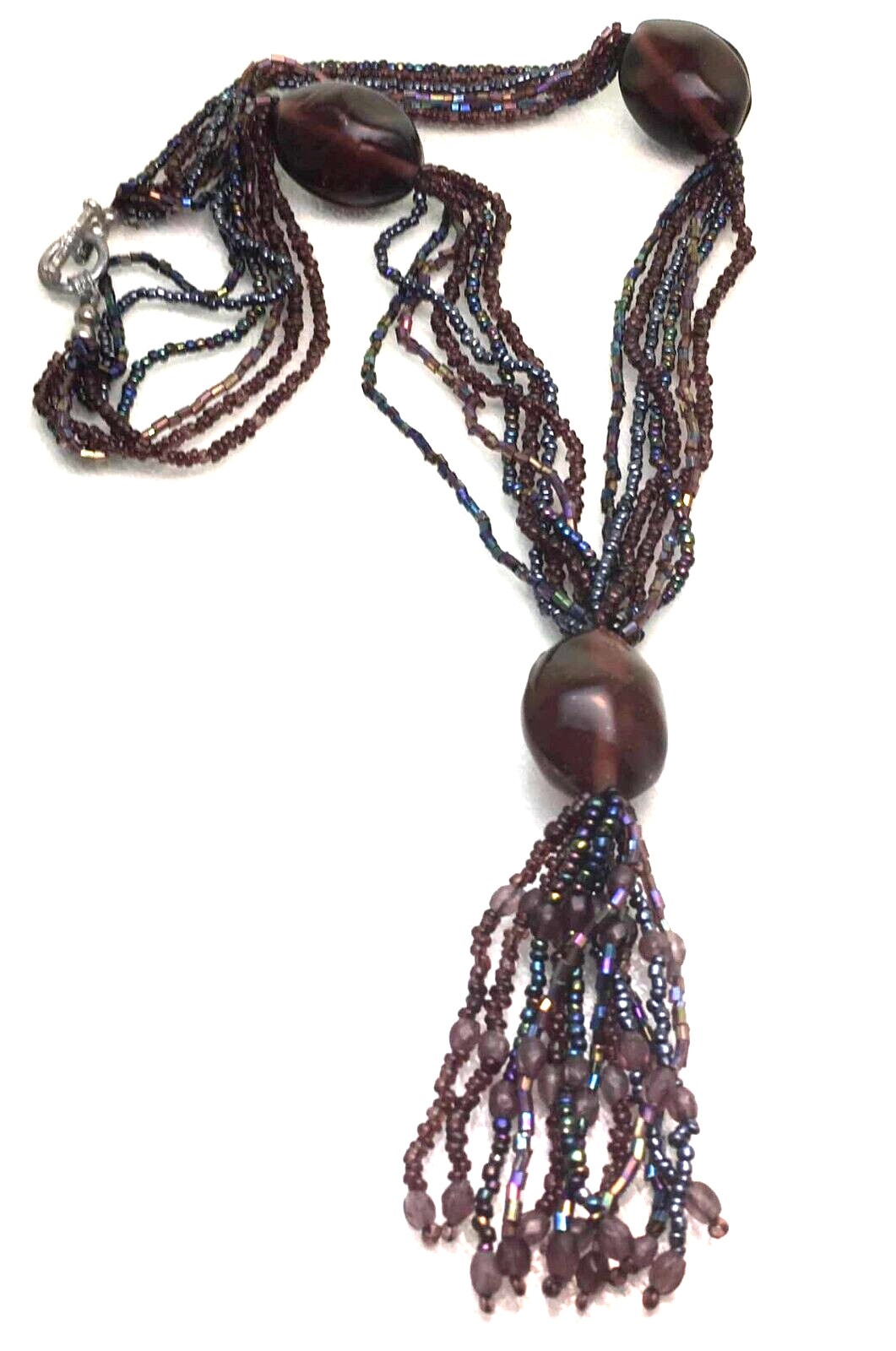 Purple Tassel Pendant Large Glass Beads Peacock Seed Beads Toggle Clasp 23“ Long