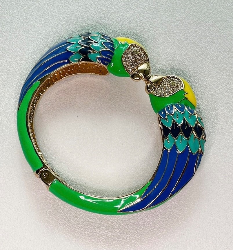 Gold Tone Kissing Parrot Birds Enamel Bracelet Cuff Blue Green Yellow