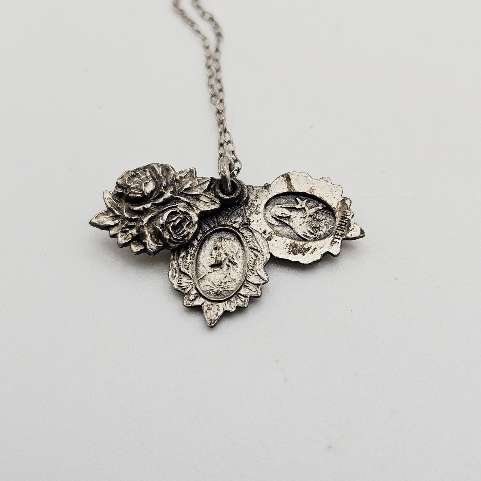 Sterling Silver Miraculous Mary Sliding Rose Pendant Medal Catholic charm