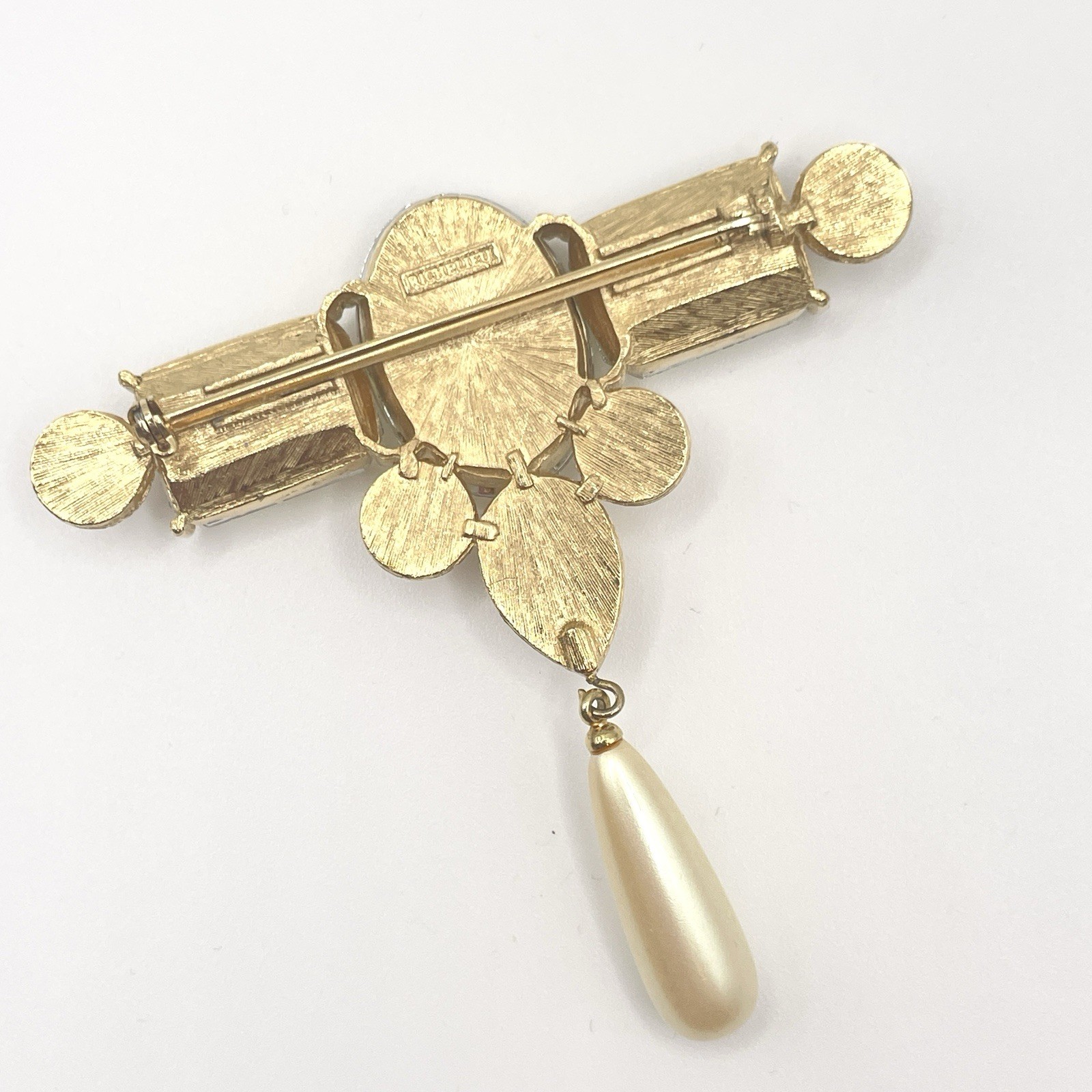 Vintage Richelieu Brooch Gold Faux Pearl & Yellow Glass Crystal Pin 1980s 1990s