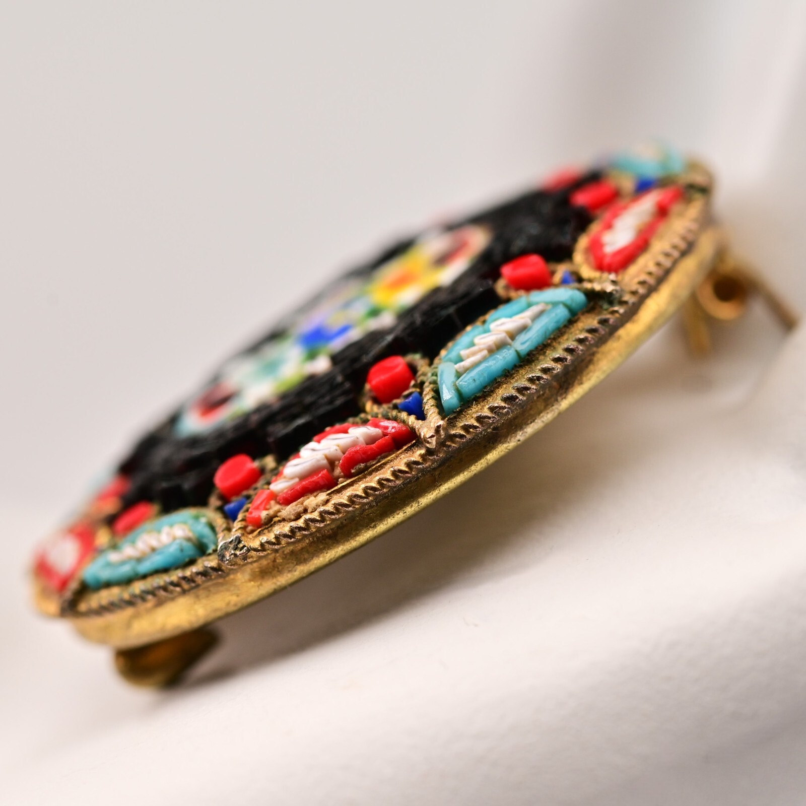 Antique Original Vintage Murano Glass Micro Mosaic Venetian Estate Brooch Pin