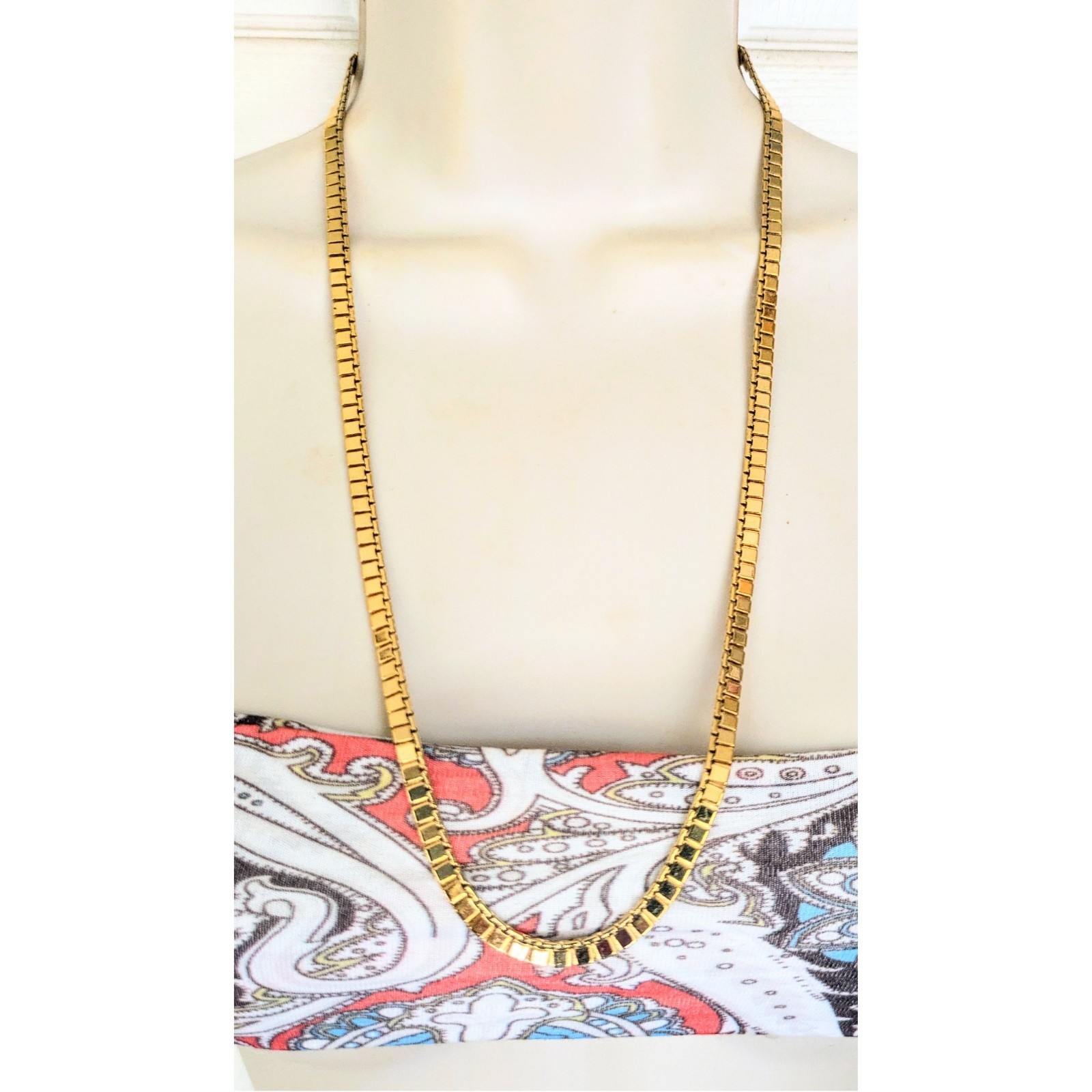 70s Vintage MONET Necklace Gold Plated Flat Square Articulated Link Chain 24″