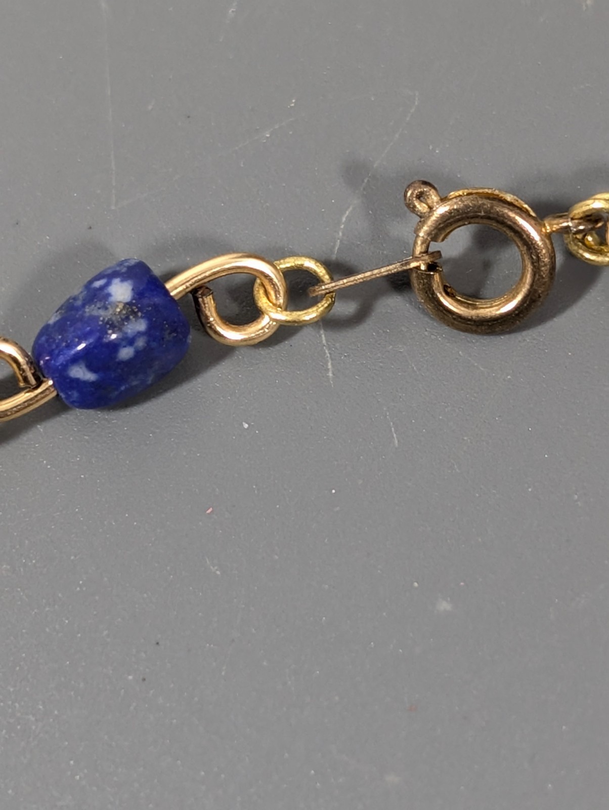 Vintage Blue Stone Bead Gold Tone Curved Bar Chain Tennis Bracelet 7.25 in