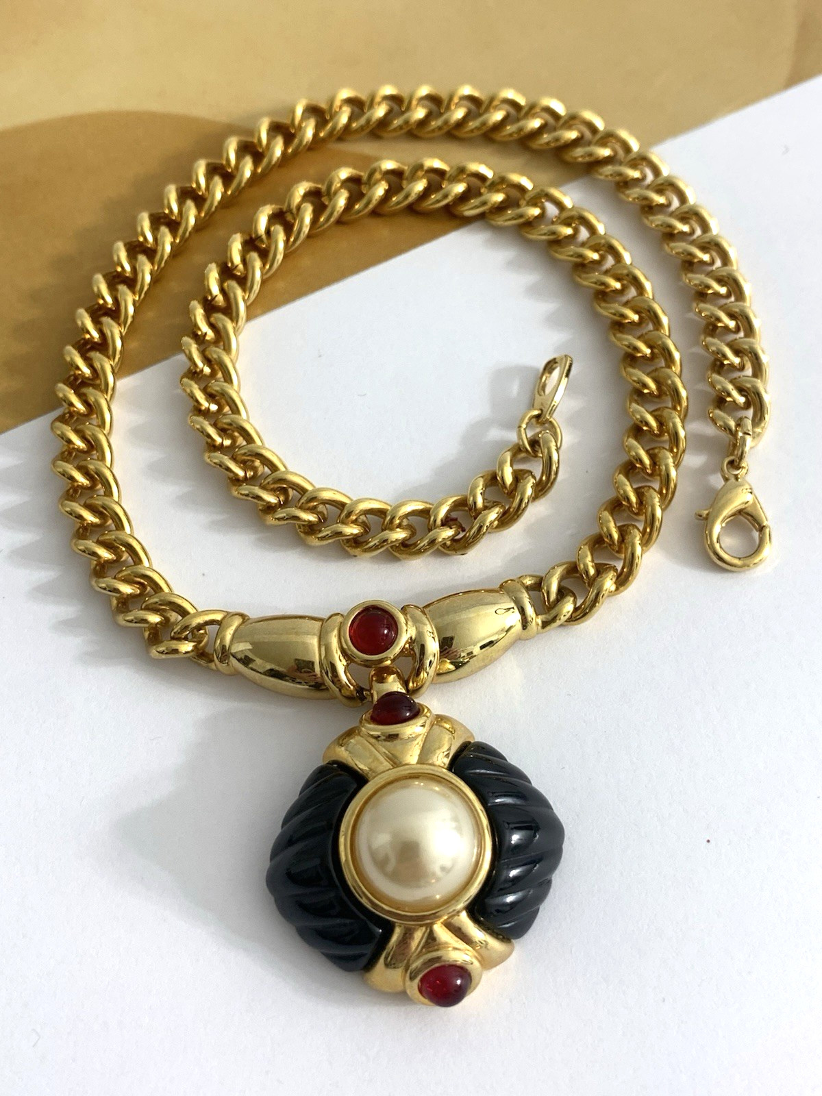 Vintage IVANA Trump Necklace Gold Tone Red Glass Cabochons Carved Black Lucite