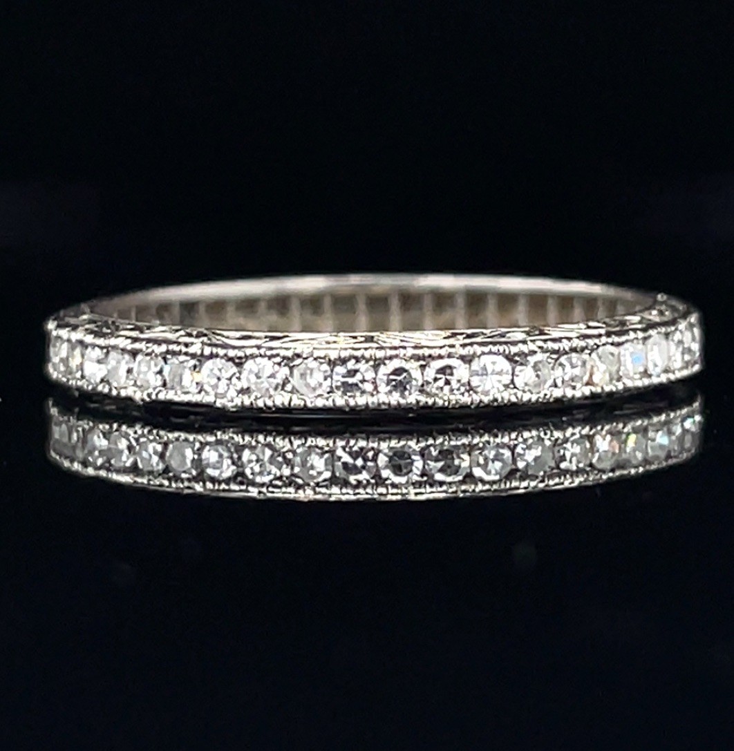 Art Deco 0.35 Carat D VVS2 Platinum Diamond Band With Hand Engraving Ring Size 6